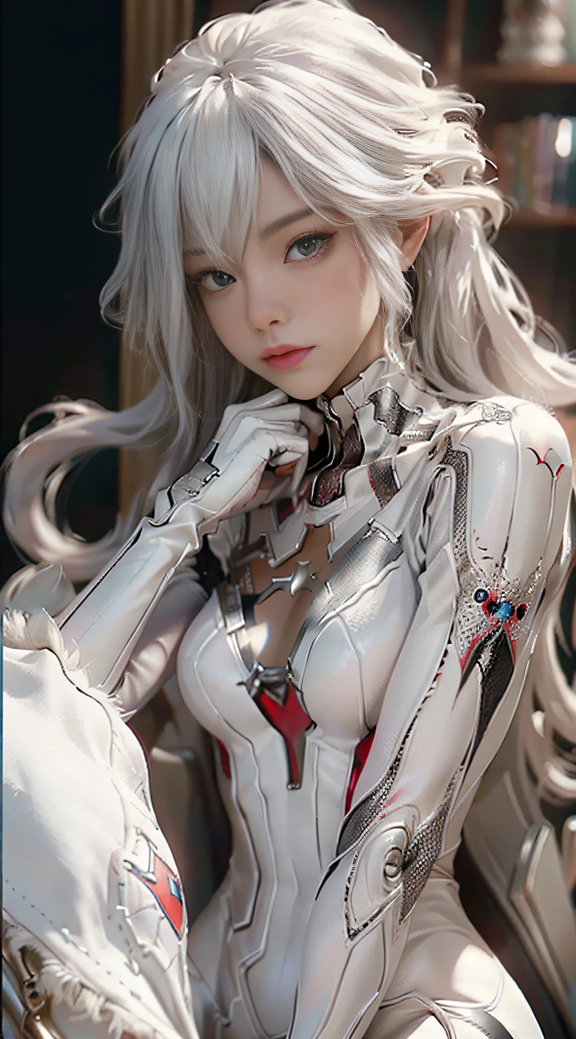 (Extreme Detail CG Unity 8K wallpaper, masterpiece, highest quality), (Exquisite lighting and shadow, highly dramatic picture, cinematic lens effect), a girl in a white Spider-Man costume, silver gray hair color, from the Spider-Man parallel universe, Wenger, Marvel, Spider-Man, sitting on the sofa, dynamic pose), (excellent detail, excellent lighting, wide angle), (excellent rendering, enough to stand out in its class), focus on white Spider-Man costumes, complex spider textures, various poses