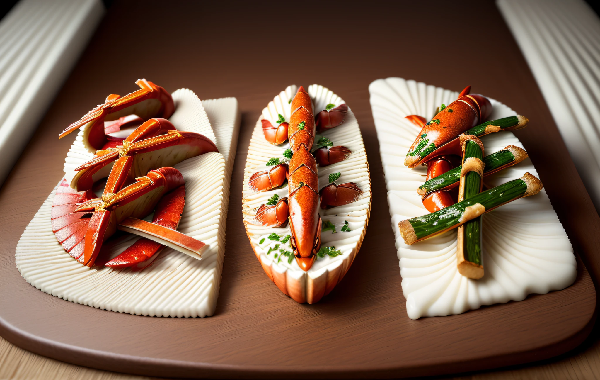 ((Best Quality)), ((Masterpiece)), ((Realistic)), 3D Text, Textured Lobster Shell Forming Each Letter, Juicy Lobster Meat, Salted Crayfish, Garnish with Fresh Vanilla, (Food Photography Inspiration: 1.2), Warm Background, [Realistic Food Art: 1.3], (Appetizing Arrangement: 1.2), [Food Art Style: 1.1], (Warm Light: 1.2), (High Resolution: 1.1)
