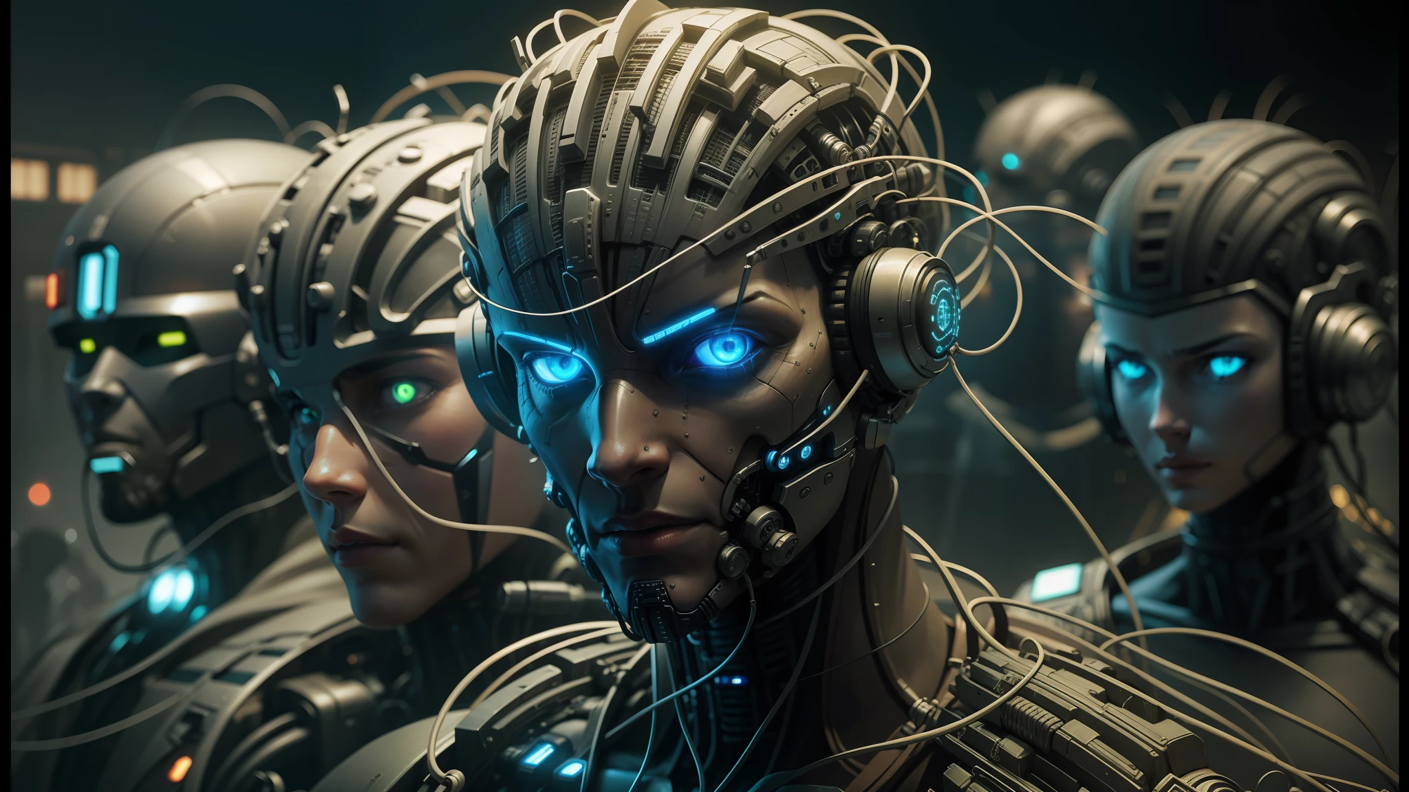 there are many people with wires all over their heads, complex cybernetic beings, augmented cyborgs, robot cyborgs, cyborgs working, peter gric and dan mumford, cybernetic faces, cybernetic civilisations, artificial intelligence gods, wires cybernetic implants, cybernetic civilizations, intricate transhuman --auto --s2