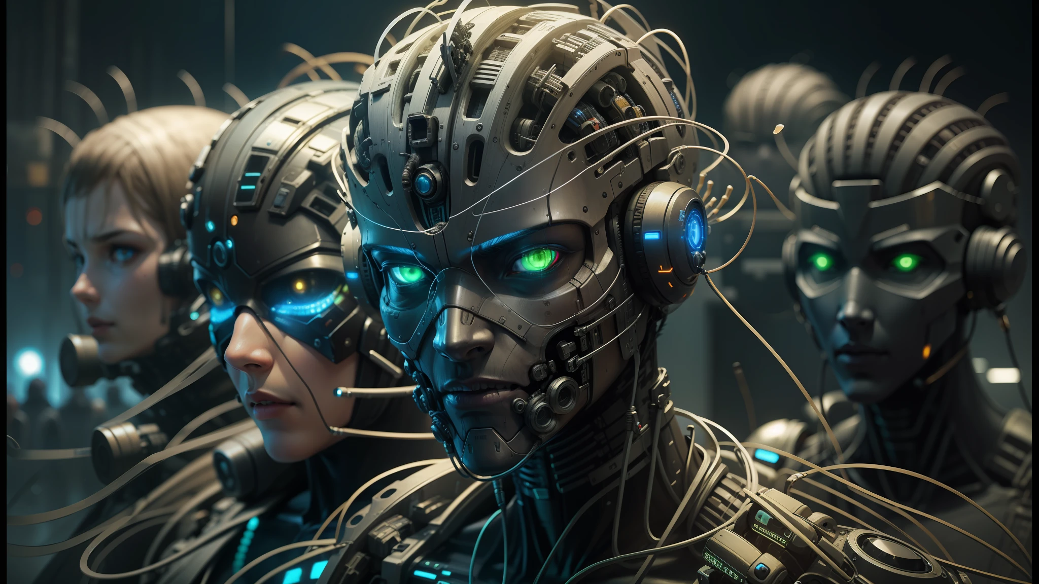 there are many people with wires all over their heads, complex cybernetic beings, augmented cyborgs, robot cyborgs, cyborgs working, peter gric and dan mumford, cybernetic faces, cybernetic civilisations, artificial intelligence gods, wires cybernetic implants, cybernetic civilizations, intricate transhuman --auto --s2