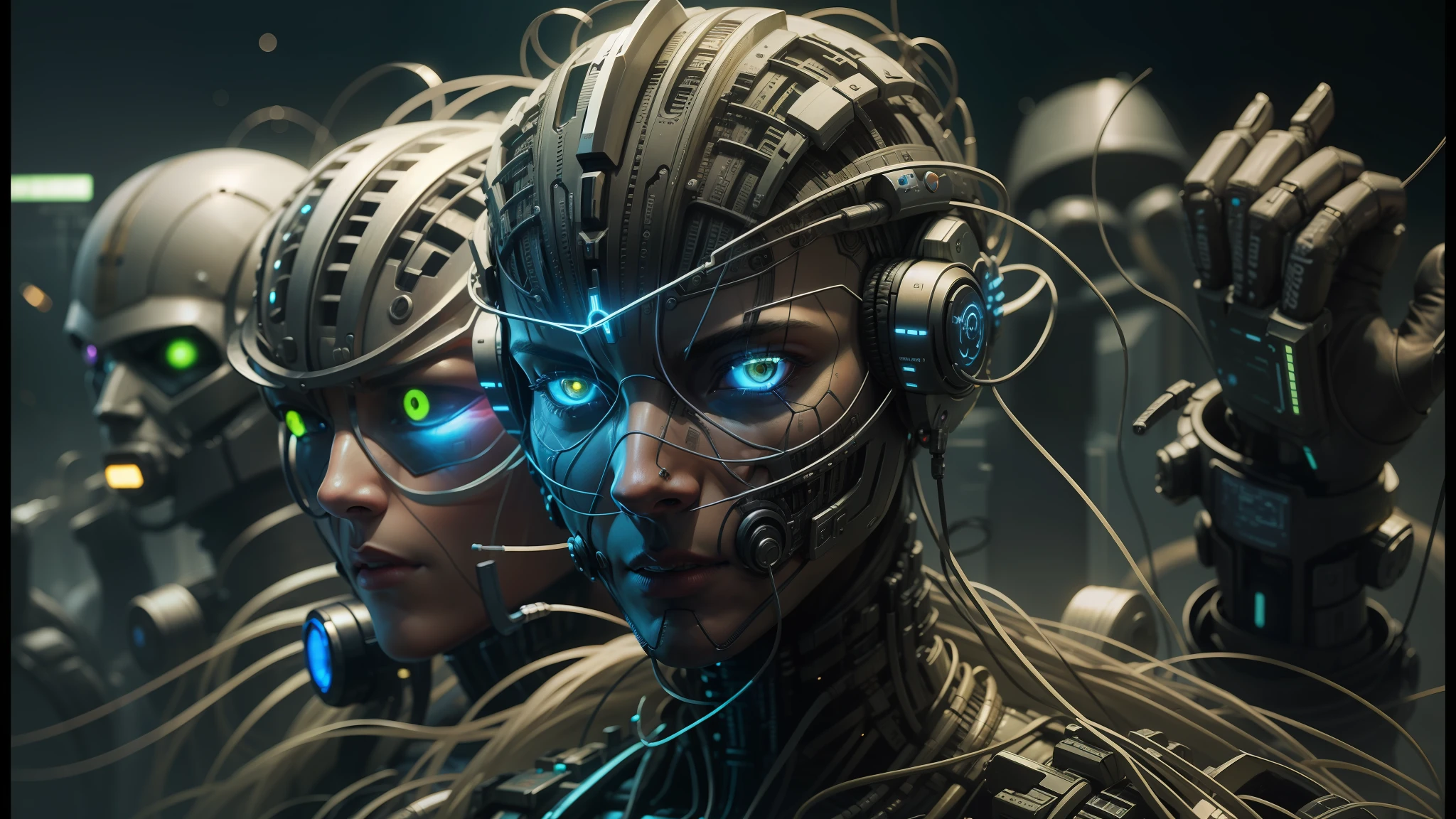 there are many people with wires all over their heads, complex cybernetic beings, augmented cyborgs, robot cyborgs, cyborgs working, peter gric and dan mumford, cybernetic faces, cybernetic civilisations, artificial intelligence gods, wires cybernetic implants, cybernetic civilizations, intricate transhuman --auto --s2