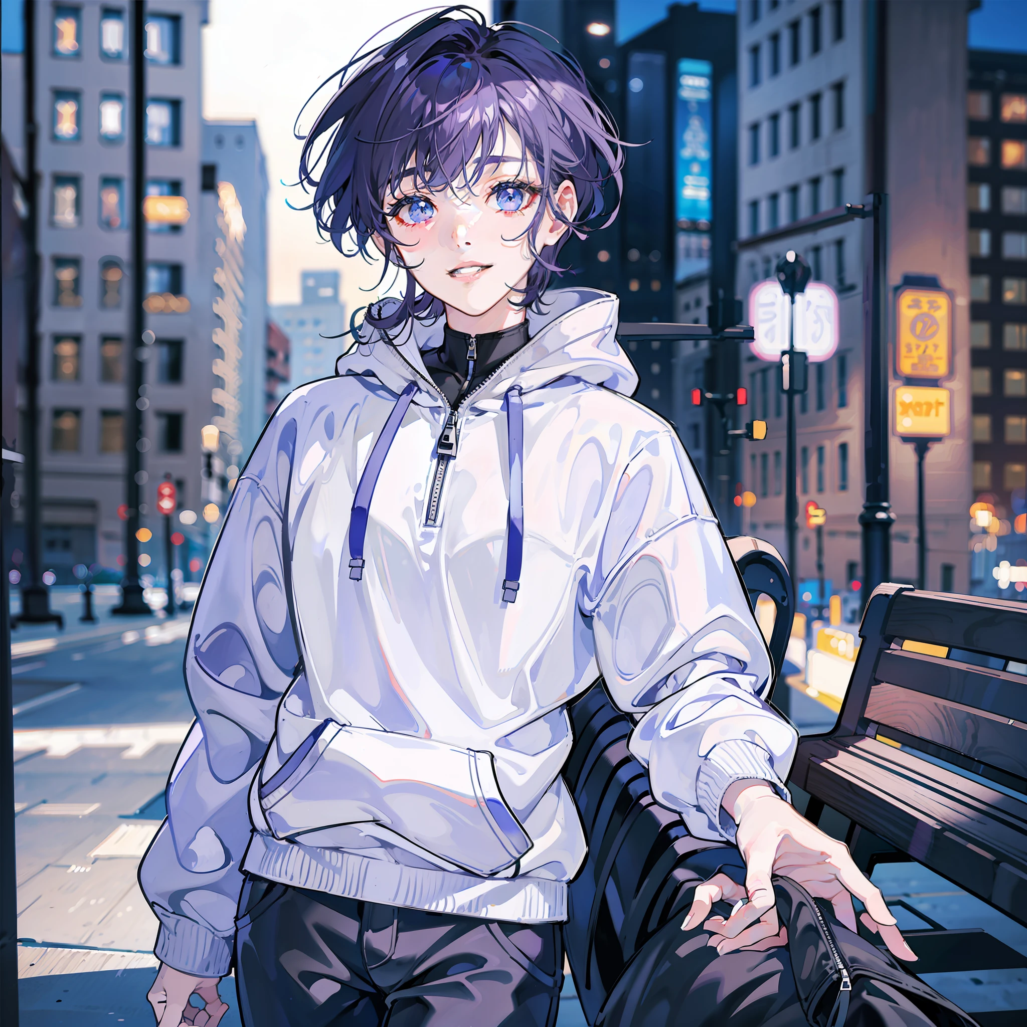 Purple Hair Short Hair Crisp Bangs (((Solo)) Up Droopy Eyes Blue Eyes Big Eyes Grayish White Zip Up Hoodie Black Pants Late Night Downtown Smile