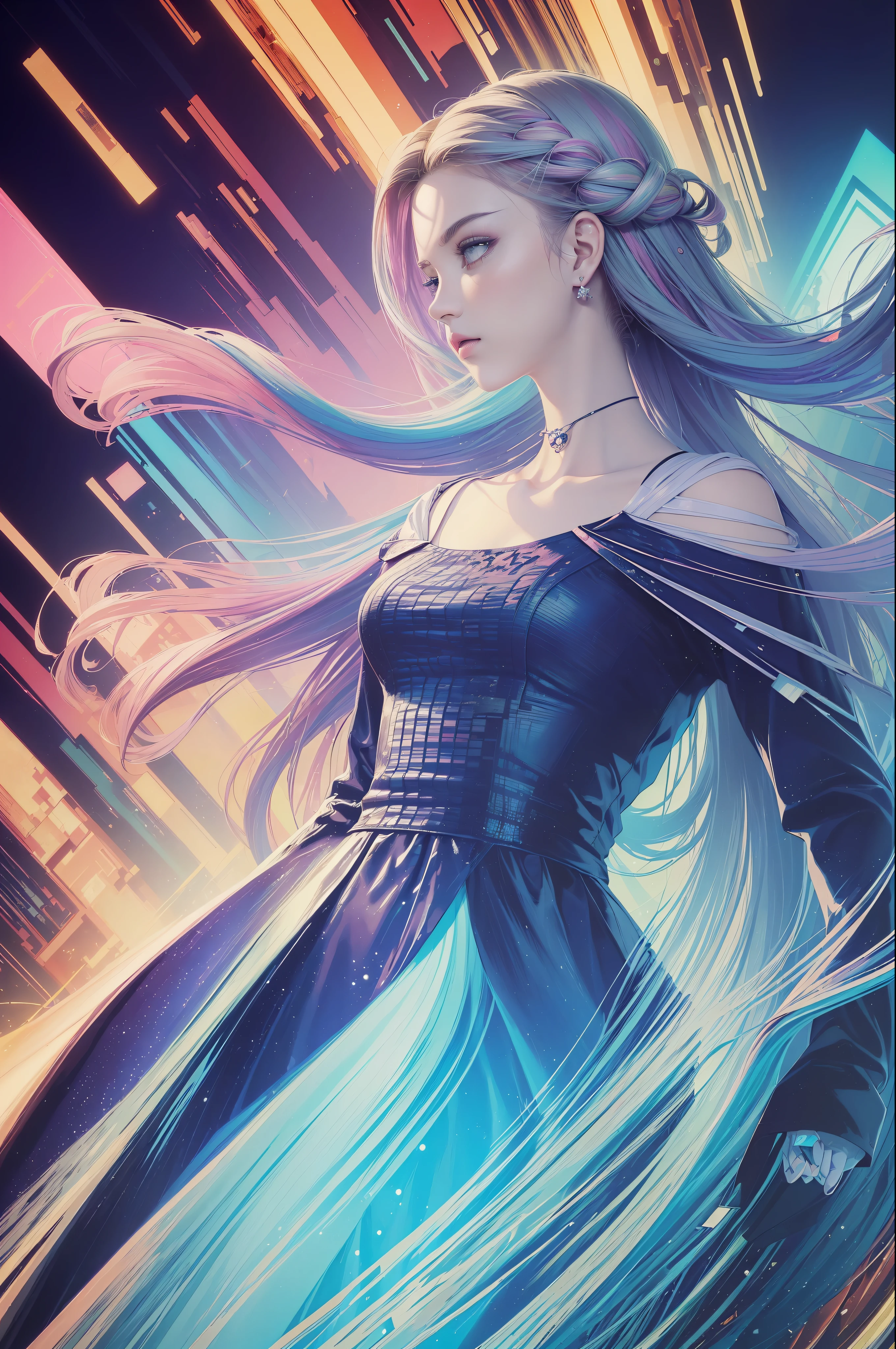 (masterpiece, top quality, best, official art, beautiful and aesthetic:1.2),(masterpiece, top quality, best quality, official art, beautiful and aesthetic:1.2),(masterpiece, top quality, best quality, official art, beautiful and aesthetic:1.2), 1girl, glitch art, (digital distortion), pixelated fragments, data corruption,colorful noise, visual chaos,contemporary aesthetics