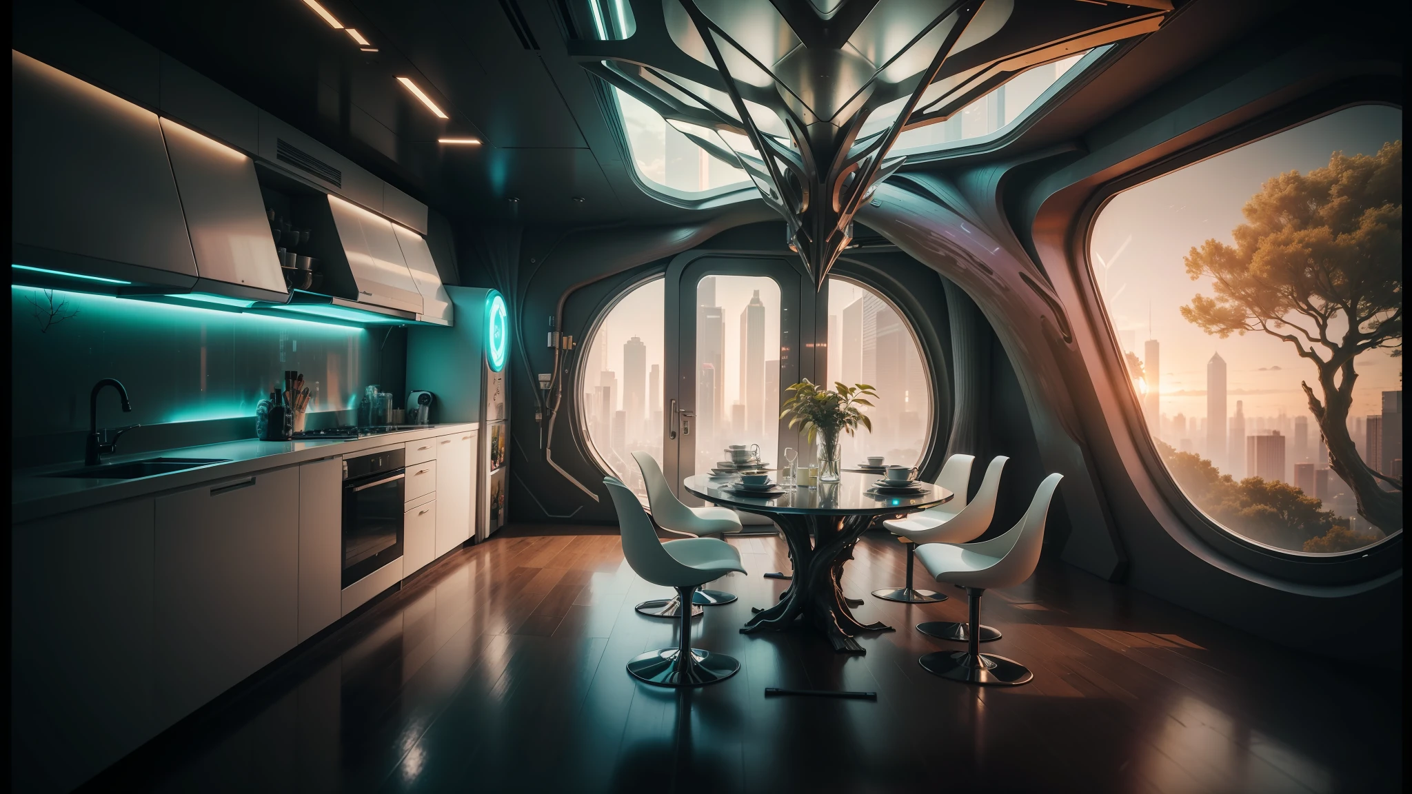 there is a dining room with a table and chairs in it, futuristic interior, futuristic decor, cyberpunk tree house, sci - fi interior, futuristic room, retro futuristic apartment, solarpunk architecture, solarpunk cantine, solarpunk style, futuristic room background, futuristic decoration, futuristic looking living room, cyberpunk apartment, organic buildings, futuristic architectural art --auto --s2