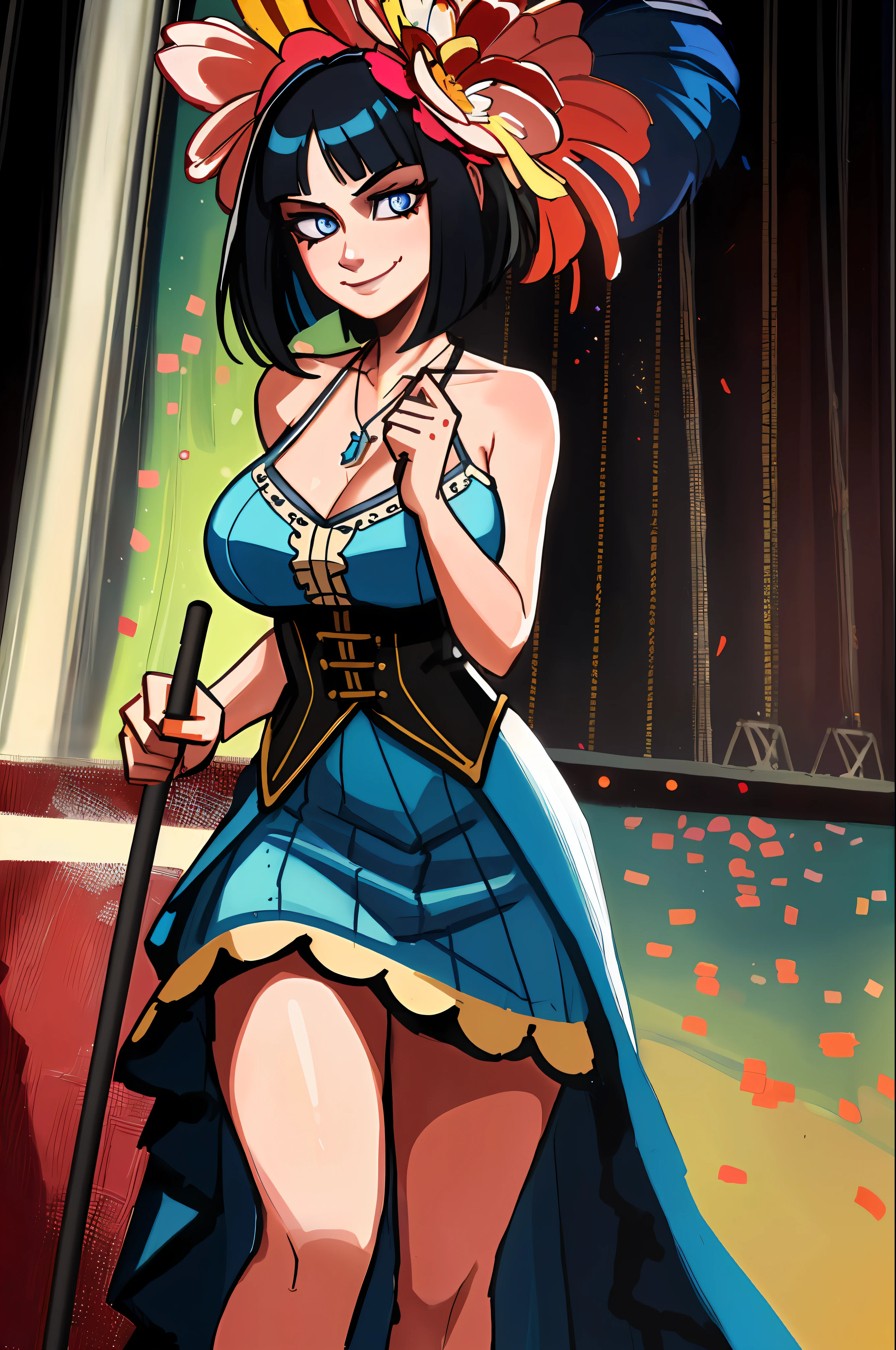 full body, walking pose, slow motion, a woman playing a blue saxophone, blue sundress, (detail fabric clothing ), hair, long wildly hair with tick bangs, detail face, ((highly detailed skin, visible pores, Short hair with necklace detail jewellery)), tone body, large breasts, (insanely detailed, bloom:1.5), (highest quality, Alessandro Casagrande, Greg Rutkowski, Sally Mann, concept art, 4k), (analog:1.2), (high sharpness), (detailed pupils:1.1), (painting:1.1), (digital painting:1.1), detailed face and eyes, Masterpiece, best quality, (gothic makeup, eyes shadow and smirking smile, sexy, skinny, thick bangs, beauty), (highly detailed photo:1.1), 8k, photorealistic, automatic white balance, mastoid process, invisible hand,  HDR, ((detail background, big concert stage, live performance mucis festival, rock band)), By jeremy mann, by sandra chevrier, by maciej kuciara, sharp, (perfect body:1.1), realistic, real shadow, 3d, (by Michelangelo)