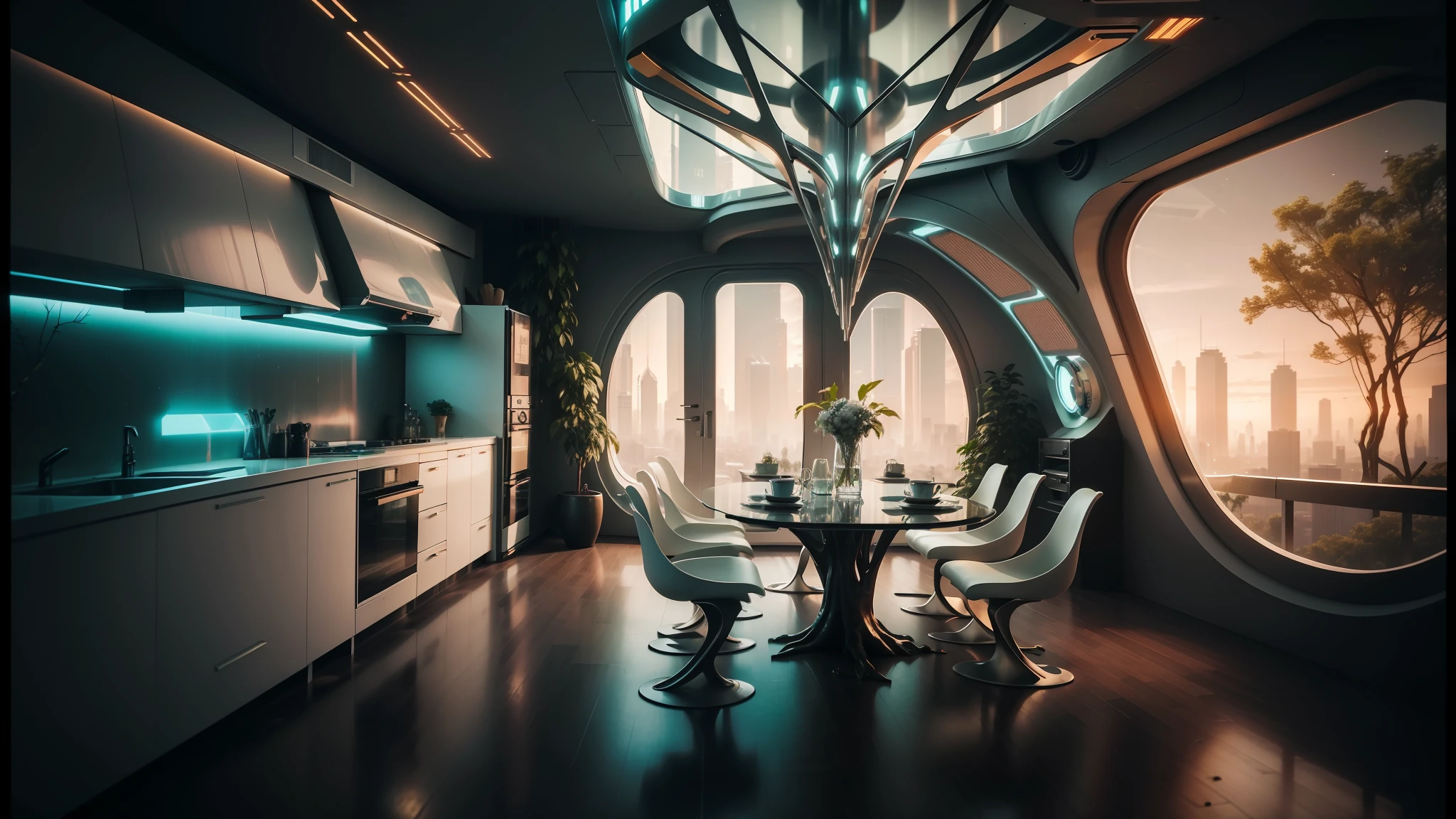 there is a dining room with a table and chairs in it, futuristic interior, futuristic decor, cyberpunk tree house, sci - fi interior, futuristic room, retro futuristic apartment, solarpunk architecture, solarpunk cantine, solarpunk style, futuristic room background, futuristic decoration, futuristic looking living room, cyberpunk apartment, organic buildings, futuristic architectural art --auto --s2
