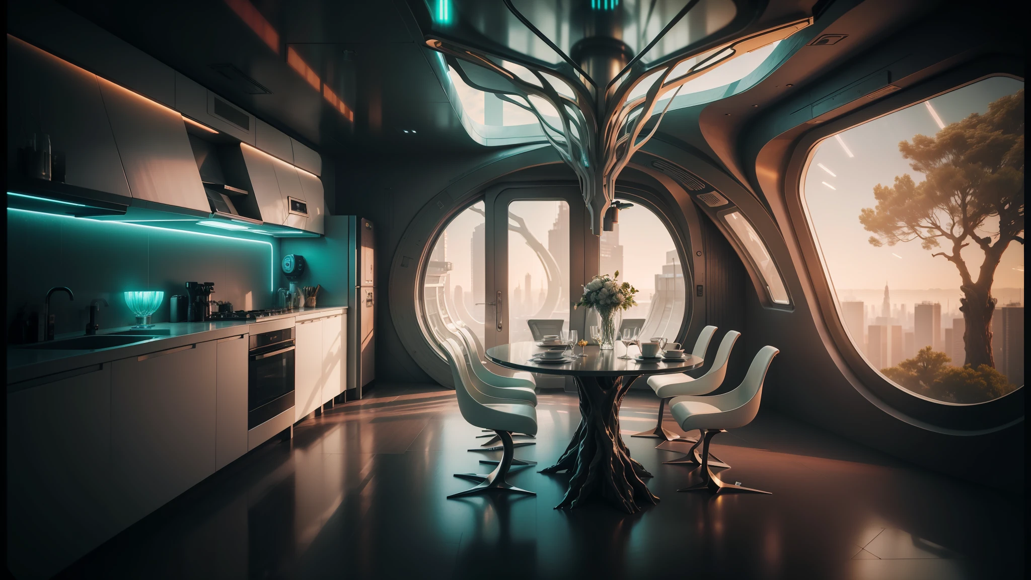 there is a dining room with a table and chairs in it, futuristic interior, futuristic decor, cyberpunk tree house, sci - fi interior, futuristic room, retro futuristic apartment, solarpunk architecture, solarpunk cantine, solarpunk style, futuristic room background, futuristic decoration, futuristic looking living room, cyberpunk apartment, organic buildings, futuristic architectural art --auto --s2