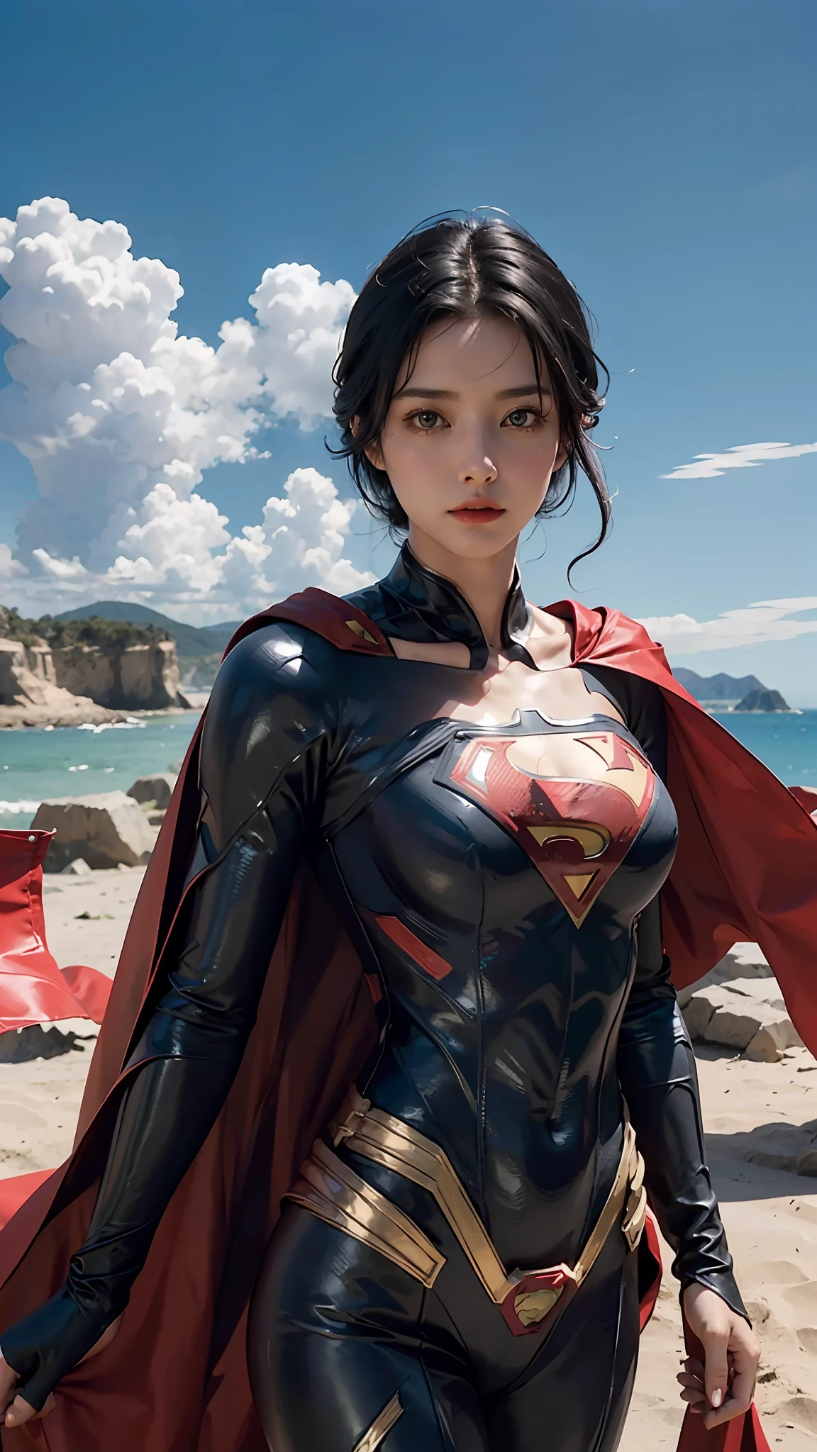 Woman wearing detailed SuperMan costume with full sleeves covering the entire body, (short black hair, side trimmed) serious face, (flying in sky), vivid colors, dramatic lighting, red cape, cinematic costume, carbon fiber detailed suit,