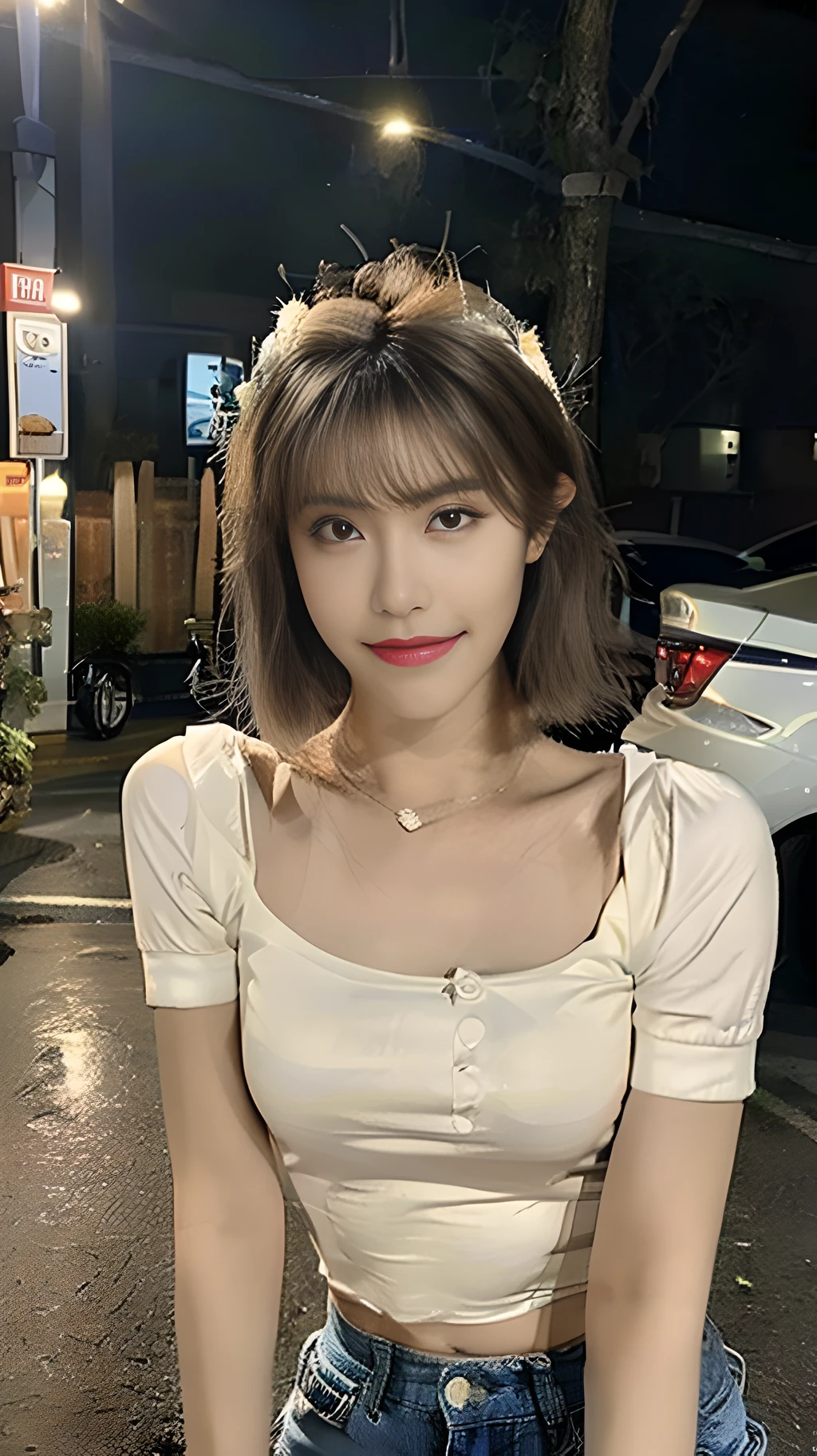 ((Best Quality, 8K, Masterpiece: 1.3)), (Little Round Cap 1.3), Focus: 1.2, Perfect Body Beauty: 1.4, ((Layered Haircut: 1.2)), (Dark Street: 1.3), Highly Detailed Face and Skin Texture, Fine Eyes, Double Eyelids, Whitened Skin, Sweet Smile, Long Hair, (Round Face: 1.5), (Short Sleeves, Shorts: 1.6)