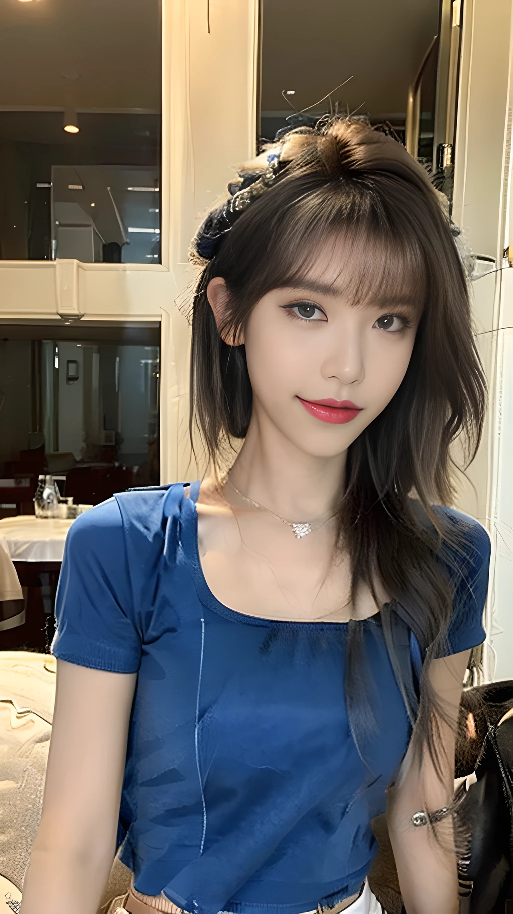 ((Best Quality, 8K, Masterpiece: 1.3)), (Little Round Cap 1.3), Focus: 1.2, Perfect Body Beauty: 1.4, ((Layered Haircut: 1.2)), (Dark Street: 1.3), Highly Detailed Face and Skin Texture, Fine Eyes, Double Eyelids, Whitened Skin, Sweet Smile, Long Hair, (Round Face: 1.5), (Short Sleeves, Shorts: 1.6)