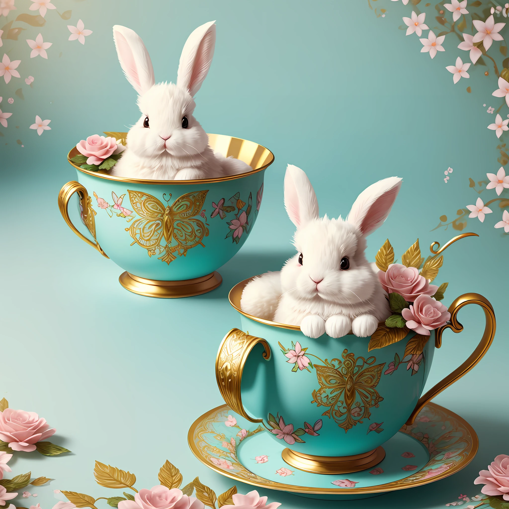 An extremley cute fluffy bunny entrapped in an ornamented tea cup, fantasy, soft turquoise, flowers, butterflies, inpaint nice fantasy background