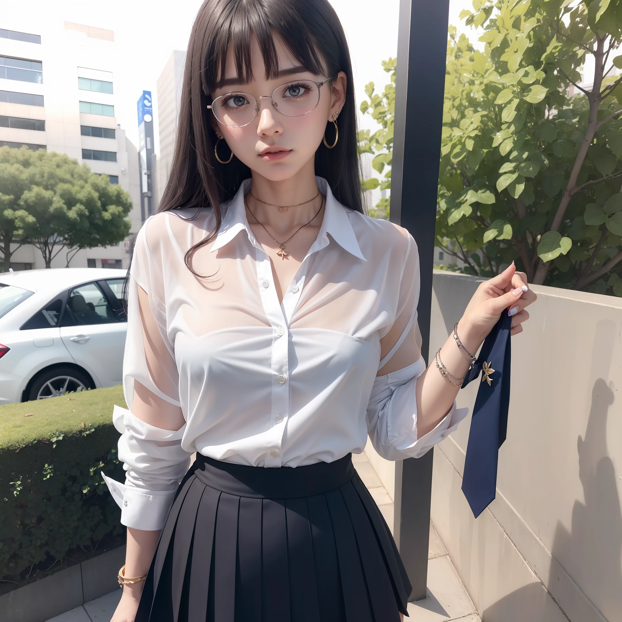NSFW,(Masterpiece:1.1), (Best Quality:1.0), (Ultra High Definition:1.0),(8K Resolution:1.2),(Real:1.0),(Ultra Detailed:1:1),Bird's Eye View, Shibuya_\(Japan\), (Glasses),(Small),Outdoor, (1 girl), Bangs,, Sexy pink ribbon panties,, , Clavicle, collared_shirt, ear_piercing, earrings, eyebrows_visible_through_hair, head_tilt, jewelry, lifted_by_self, ,blue loose_necktie, medium_breasts, , piercing, school_uniform, shirt, solo, underwear, white_shirt, irritated face, (ear piercing) (1:1), Earrings, looking_at_camera, nail_art, nail_polish, See-through Bangs, Light Grey Hair, (Blue Skirt), Clavicle, Thigh Gap, (Camelto: 1.2), Small Hips, (Skirt Lift: 1.4)