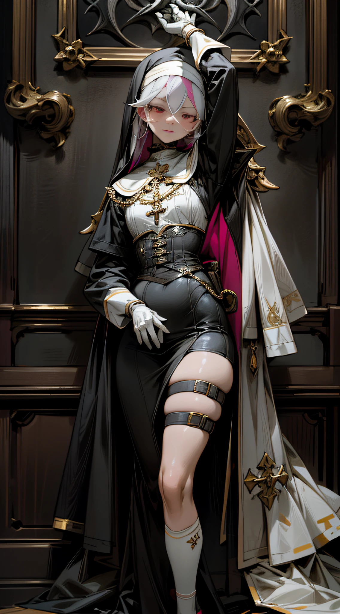 Presented in 8K resolution, this artwork is masterpiece-quality CG quality, with extremely detailed and realistic images, normal proportions, and the image of a nun. The nun tilts her head towards the audience, wears a large number of shackles and chains, wears erotic gold-rimmed corsets, erotic thigh straps, plump figure, flat chest, disgusted expression, and colorful hair. The work adopts an anime style, the skin texture of the characters is delicate, and the anatomy is correct. High image quality, reaching 16K resolution, with a dark style Catholic church in the background. Erotic character tattoos, gorgeous uniforms, nuns' clothes are gold-rimmed, the perspective is unique, and the picture is full of evil emotions. An evil light shone above, creating an even more terrifying atmosphere. Maid uniform, white hair, red eyes, white socks, white gloves, looking at you, pink bow, double tail, 1 girl, small chest, despair, masterpiece level CG quality, 1 girl in the picture, behind her arms, back against the wall, head tilted towards the viewer, wearing a thigh strap.