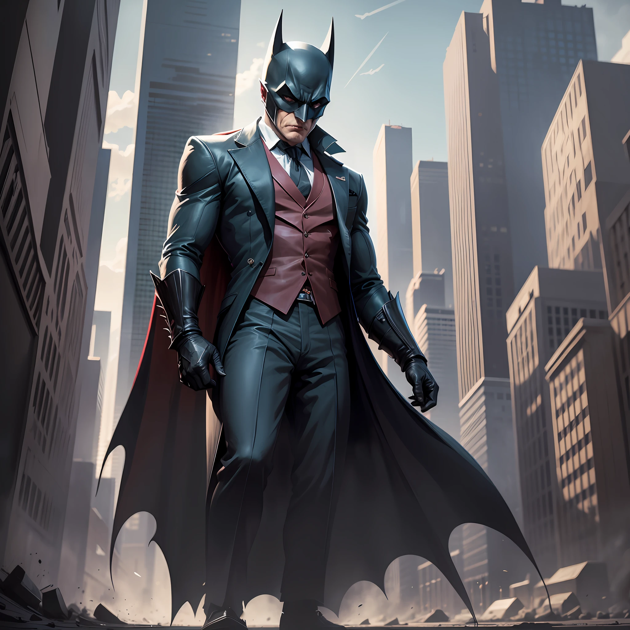 Generate an image of a scene from the "batman vs. joker" series. The image should have the animation style of the 1930s, with simple strokes and flat colors, but with a level of ultra reality, cinematic lighting and ultra HD resolution. Use visual elements that hark back to the video game and drawings by Rudolf Ising and Max Fleischer. --auto --s2