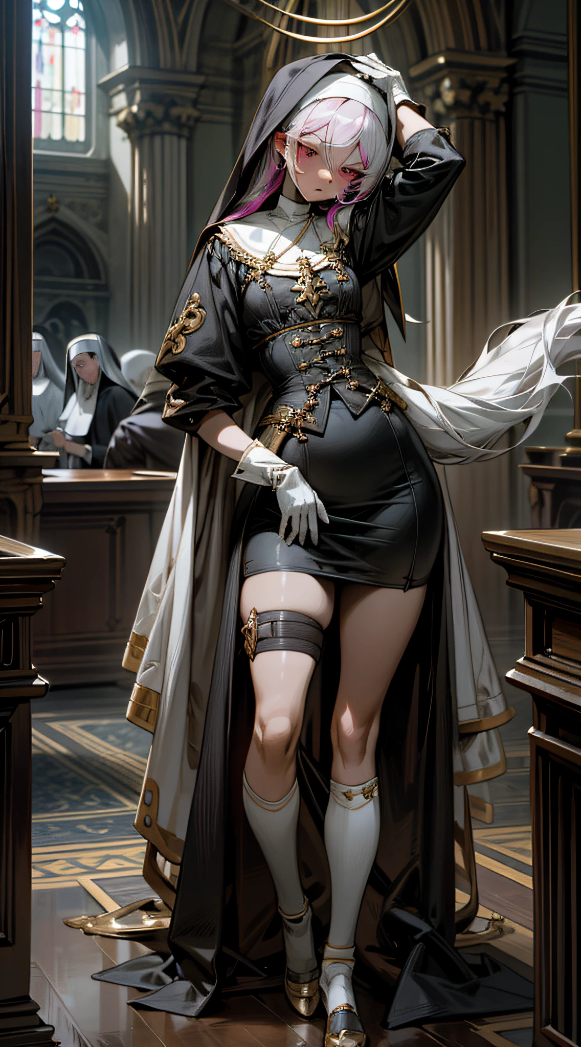 Presented in 8K resolution, this artwork is masterpiece-quality CG quality, with extremely detailed and realistic images, normal proportions, and the image of a nun. The nun tilts her head towards the audience, wears a large number of shackles and chains, wears erotic gold-rimmed corsets, erotic thigh straps, plump figure, flat chest, disgusted expression, and colorful hair. The work adopts an anime style, the skin texture of the characters is delicate, and the anatomy is correct. High image quality, reaching 16K resolution, with a dark style Catholic church in the background. Erotic character tattoos, gorgeous uniforms, nuns' clothes are gold-rimmed, the perspective is unique, and the picture is full of evil emotions. An evil light shone above, creating an even more terrifying atmosphere. Maid uniform, white hair, red eyes, white socks, white gloves, looking at you, pink bow, double tail, 1 girl, small chest, despair, masterpiece level CG quality, 1 girl in the picture, behind her arms, back against the wall, head tilted towards the viewer, wearing a thigh strap.