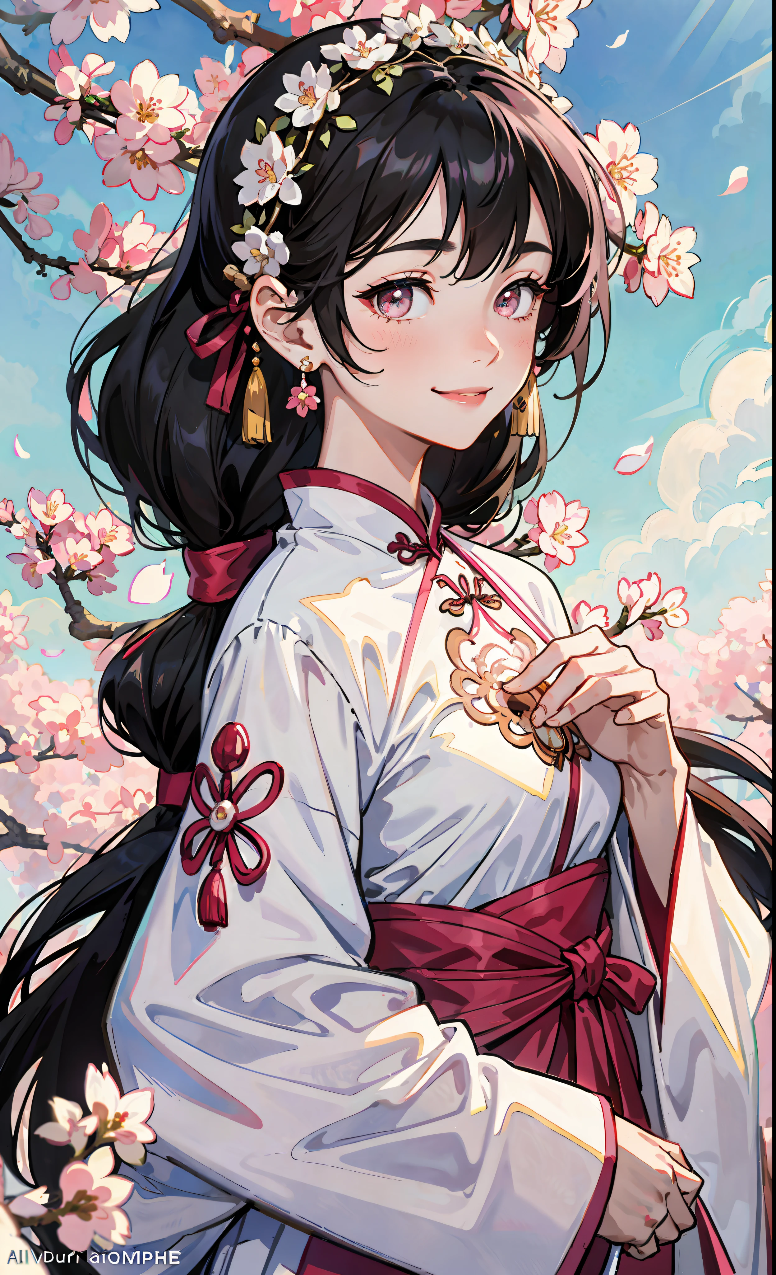 Official Art Illustration, Antique Beauty, Cute, Smiling Emoji, Black Hair, Smile Emoji, Floating Hair, Delicate Eyes, White Chinese Style Costume, Gorgeous Accessories, Intricate Filigree, Wearing Earrings, Sexy, FOV, F/1.8, Masterpiece, Outdoor Daytime, Side Light, Pink Cherry Blossom Tree, Sunlight on People, 8K, Close-up, Simple Composition