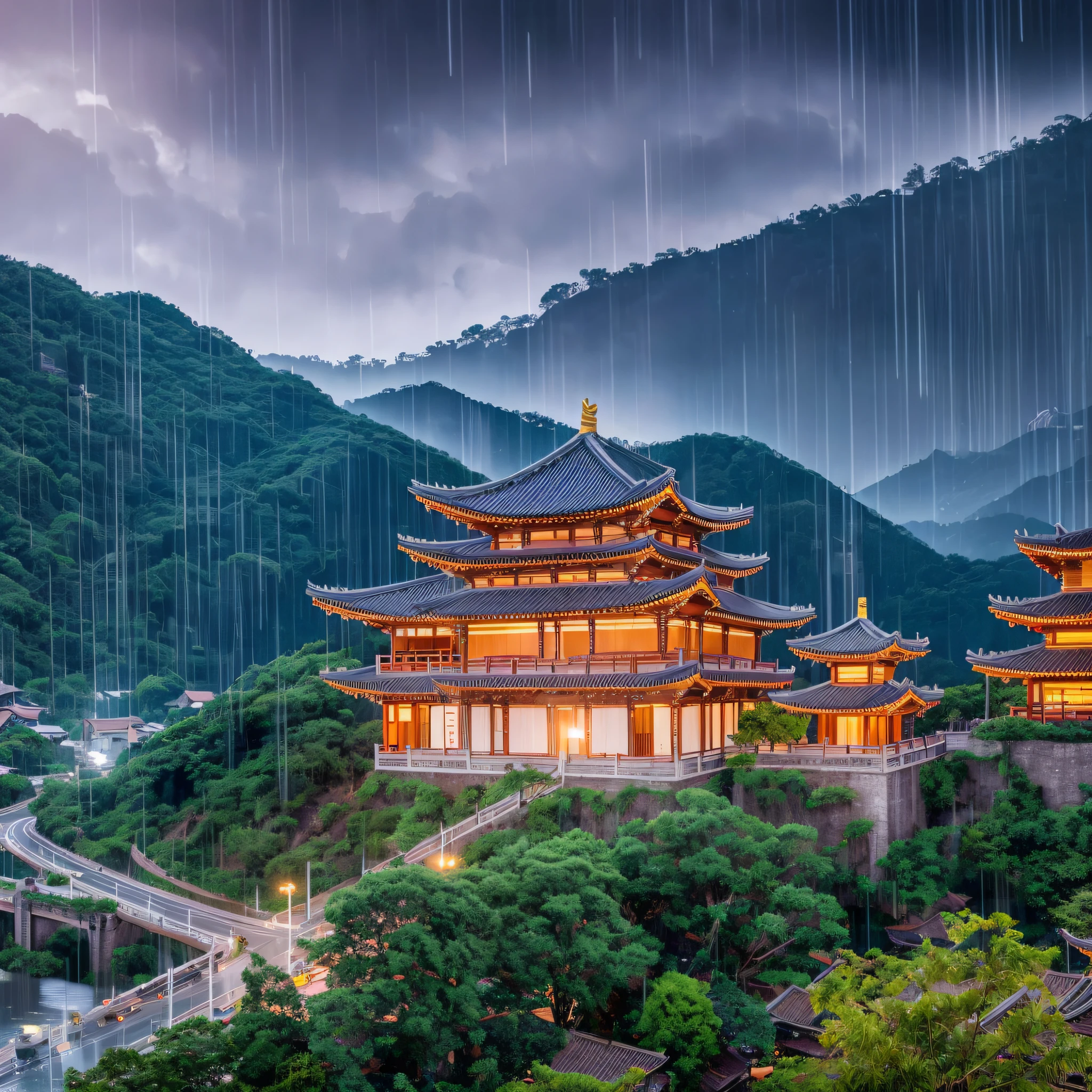aerial view of a village with many lights in the buildings, dream city, chinese village, amazing wallpaper, japanese city, brazilian village, hyper realistic photo of a city, old village of São Paulo, brazilian city, by Raymond Han, rainy night, with hurricane in the mountains, cyberpunk ancient chinese castle, beautifully lit buildings, at night during rain, beautiful and aesthetic, photography, cinematic, 8k, high detailed ((Heavy rain))) --auto --s2