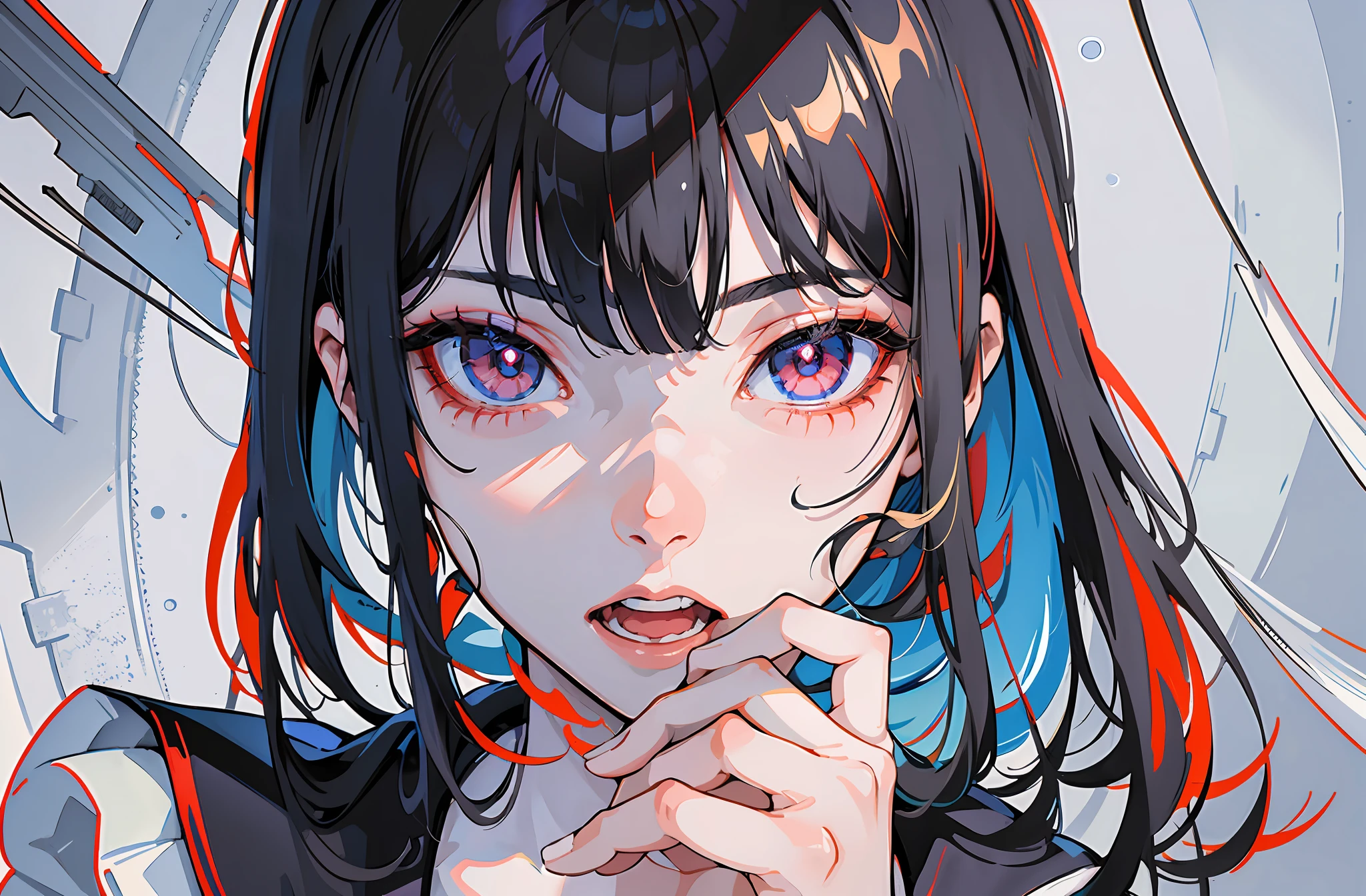 Anime girl with black hair and eyes staring at camera, Junji Ito 4 K, detailed anime face, detailed portrait of anime girl, stunning anime face portrait, clean detailed anime art, anime style 4 K, detailed anime art, detailed digital anime art, 4k manga wallpaper, detailed anime soft face, beautiful anime portrait, anime shadow), beautiful anime face, anime style portrait, open mouth showing sharp teeth, cyber style, scars on face, shadows