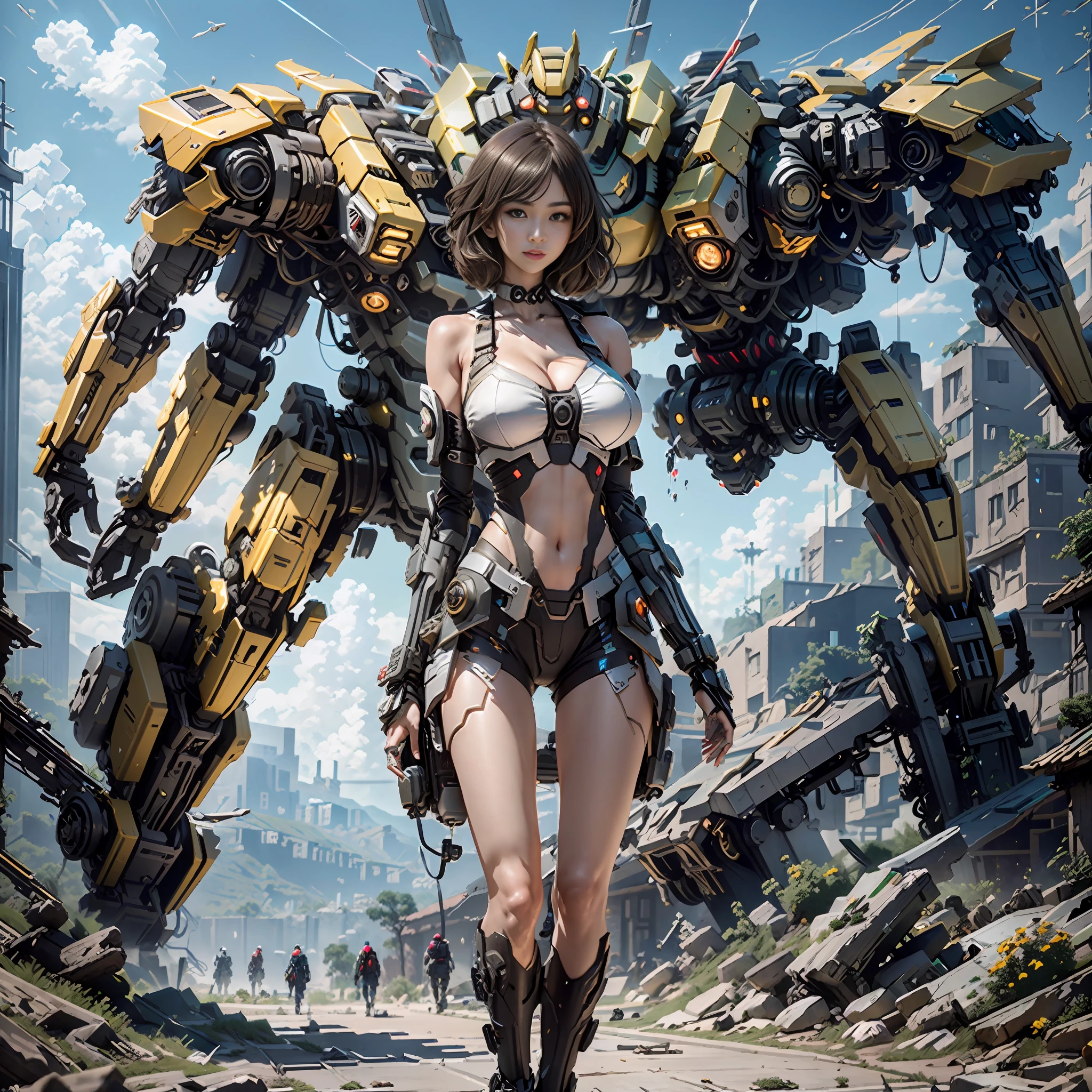 ((Best quality)), ((masterpiece)), (highly detailed:1.3), 3D,Shitu-mecha, beautiful cyberpunk women with her mecha in the ruins of city from a forgoten war, ancient technology,HDR (High Dynamic Range),Ray Tracing,NVIDIA RTX,Super-Resolution,Unreal 5,Subsurface scattering,PBR Texturing,Post-processing,Anisotropic Filtering,Depth-of-field,Maximum clarity and sharpness,Multi-layered textures,Albedo and Specular maps,Surface shading,Accurate simulation of light-material interaction,Perfect proportions,Octane Render,Two-tone lighting,Low ISO,White balance,Rule of thirds,Wide aperature,8K RAW,Efficient Sub-Pixel,sub-pixel convolution,luminescent particles,light scattering,Tyndall effect, big breast, cleavage, ooen navel