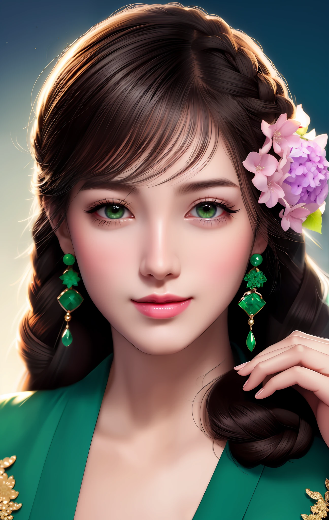 Excellent, Masterpiece, Night, Full Moon, 1 Female, Mature Woman, Chinese Style, Ancient Chinese, Sister, Royal Sister, Smile, Dark Brown Hair, Black Hair, Princess Scissors, Twist Braid, Curly Hair, Double Ball Head, Light Pink Lips, Calm, Intellectual, Medium Hair, Green Eyes, Hair Card, Hydrangea Flowers, Delicate Face, Face Close-up, Hand Close-up, Green Clothes, Beauty, Realistic, Edge Light, Two-tone Light, (High Detail Skin: 1.2), 8K UHD, DSLR, Soft Light, High Quality, Volume Light, Photos, High Resolution, 4K, 8k, bokeh