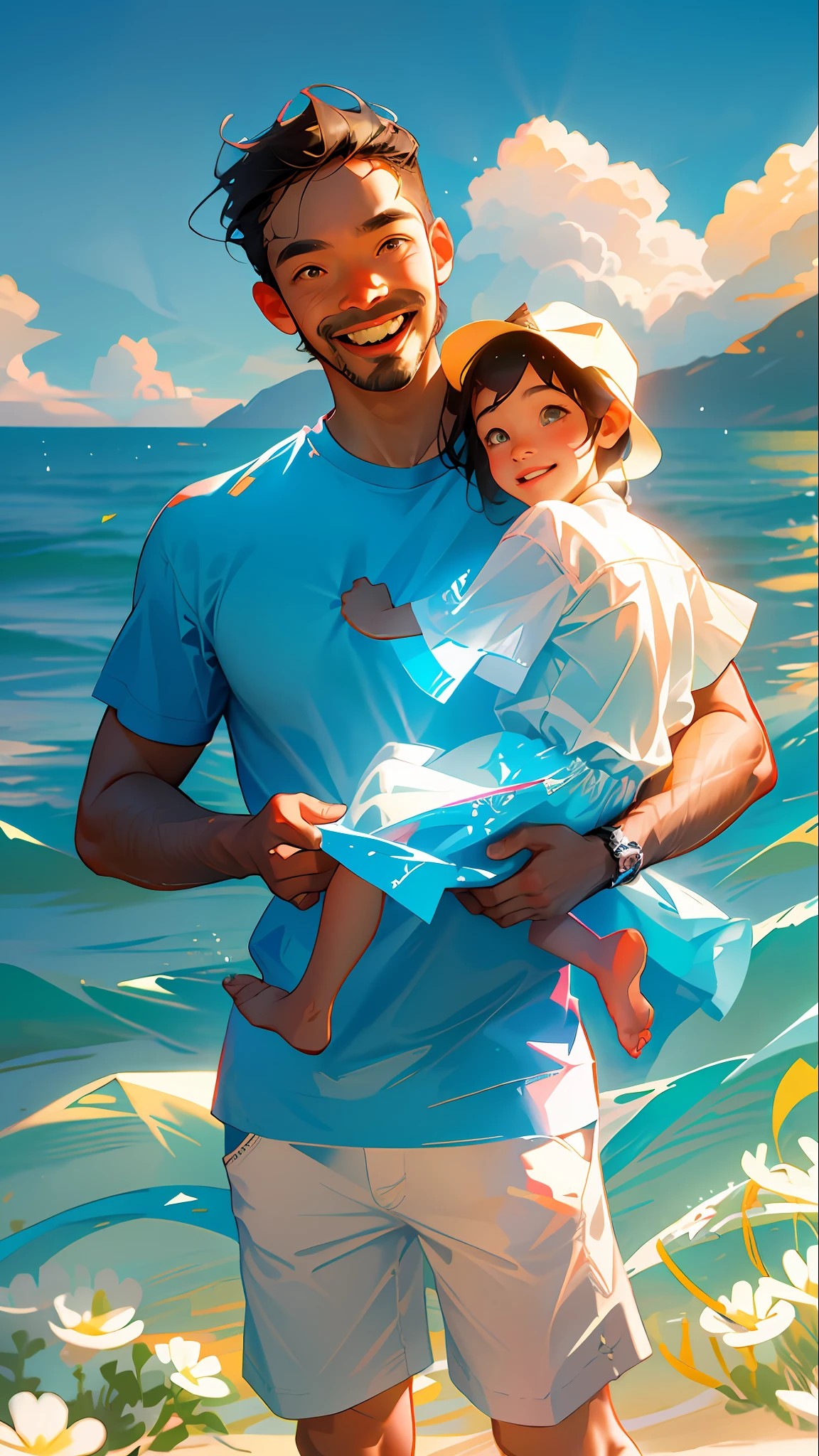 Illustration poster,, flat illustration, Father's Day, Asia, father and son, father smile, clear facial features, smile happiness on face, shirt, middle-aged father holding , seaside, sunny, blue sky and white clouds, warm background for two people, bright colors, high saturation, contour light, warm bright, colorful, HD 8K --v6