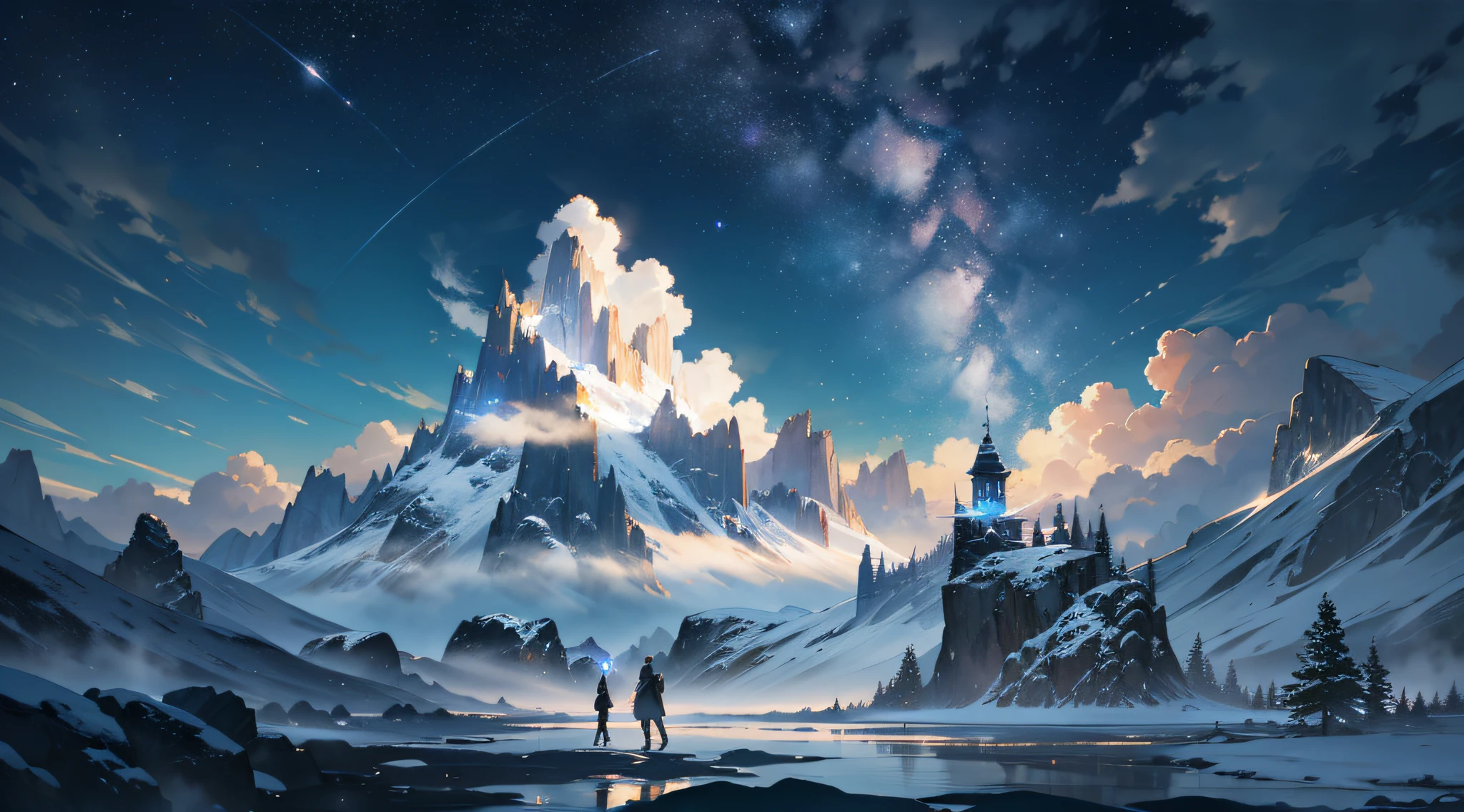 Painting of stars and moon in the sky, concept art inspired by Tosa Mitsuoki, pixiv, best quality, fantasy art, beautiful anime scenes, golden moon. A round of bright moon, starry sky environment under moonlight, river deep in snowy mountains, dream painting, anime background art, dream landscape art, fantastic night, anime background, background artwork, fantastic art, atmospheric anime, starry sky, detail enhancement.
