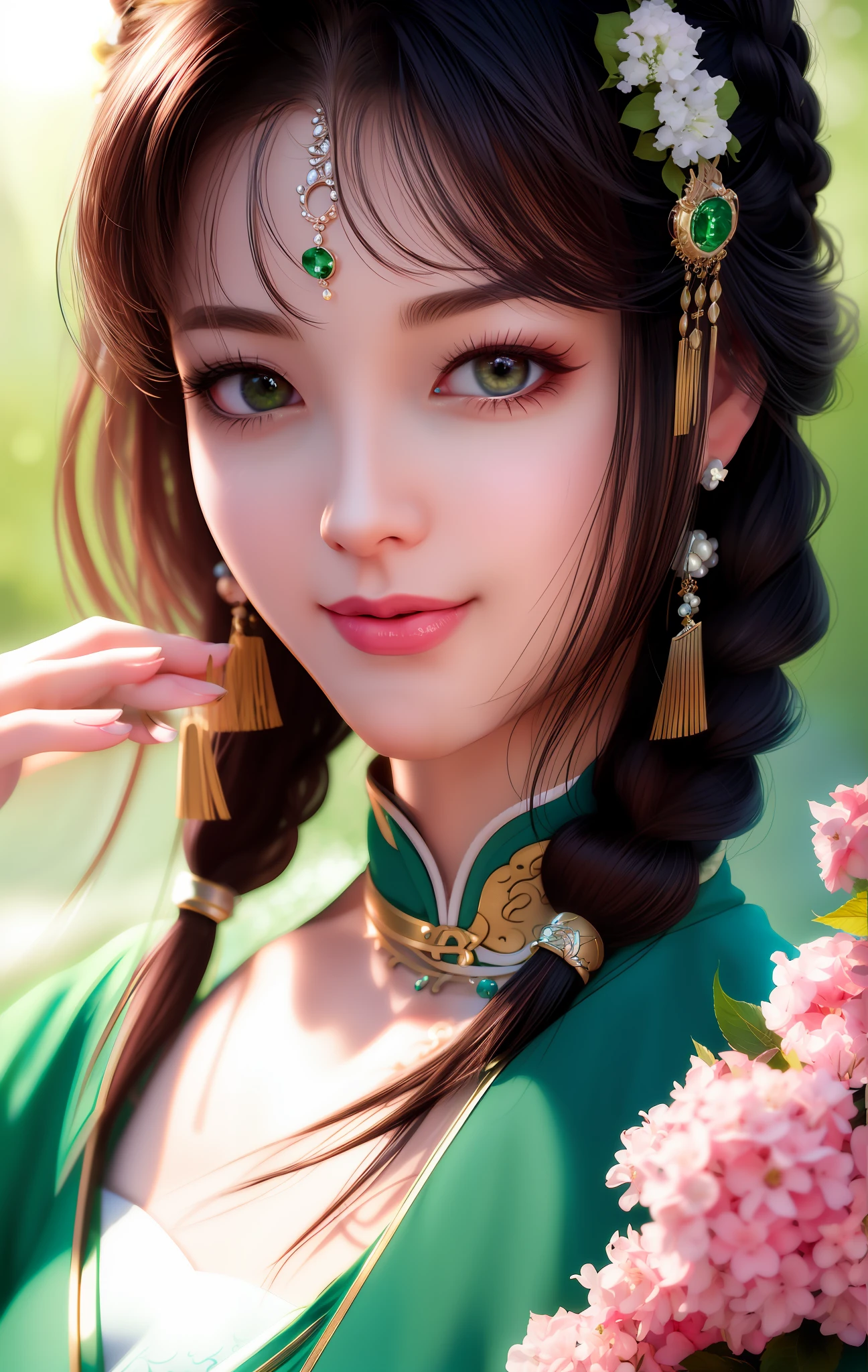 Excellent, Masterpiece, Night, Full Moon, 1 Female, Mature Woman, Chinese Style, Ancient Chinese, Sister, Royal Sister, Smile, Dark Brown Hair, Black Hair, Princess Scissors, Twist Braid, Curly Hair, Double Ball Head, Light Pink Lips, Calm, Intellectual, Medium Hair, Green Eyes, Hair Card, Hydrangea Flowers, Delicate Face, Face Close-up, Hand Close-up, Green Clothes, Beauty, Realistic, Edge Light, Two-tone Light, (High Detail Skin: 1.2), 8K UHD, DSLR, Soft Light, High Quality, Volume Light, Photos, High Resolution, 4K, 8k, bokeh