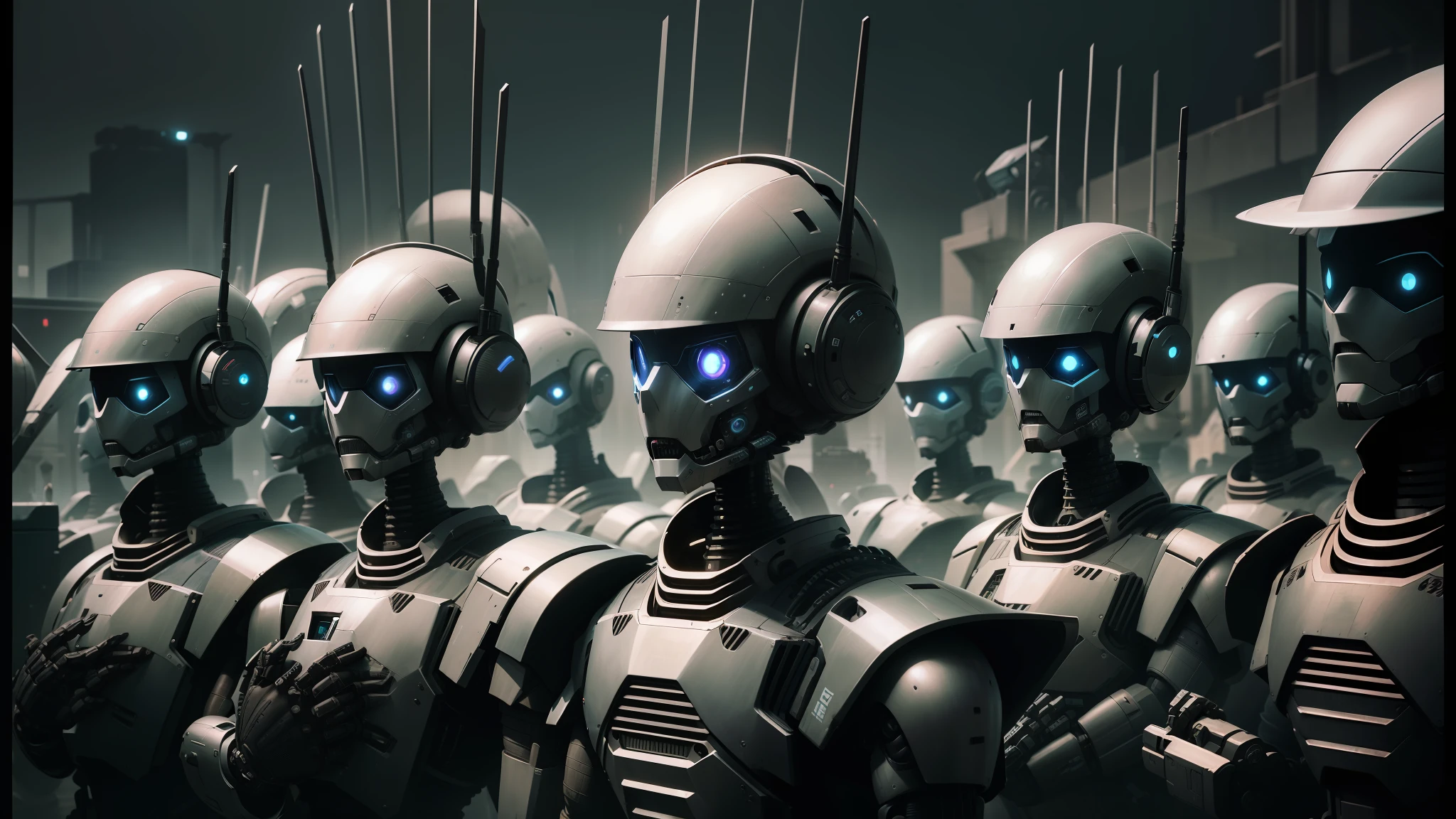 there are many robots that are lined up in a row, machines and futurist robots, army of robots, death and robots, robot cyborgs, cybernetic civilisations, robot revolution, robot guards, the coming ai singularity, robot overlords, cybernetic civilizations, futuristic robots, army of big robots --auto --s2