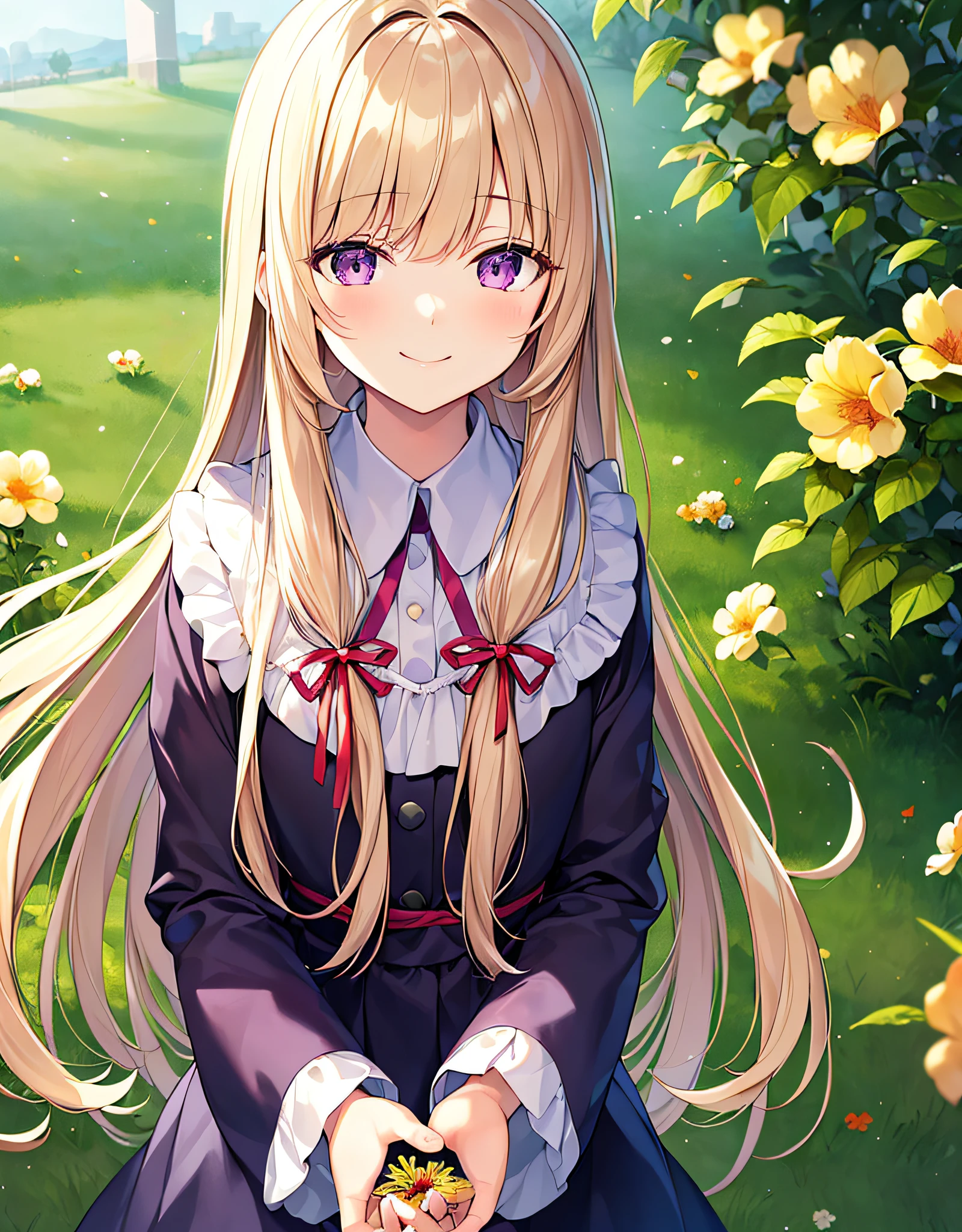 ((Best Quality, Masterpiece)),Hanazono,Cream Hair, Straight Long Hair, Long Eyelashes, Purple Eyes, Smile, Ribbon in Hair, Gentle Look, Bangs Bangs Bangs, Alone, Saint, Picking Flowers