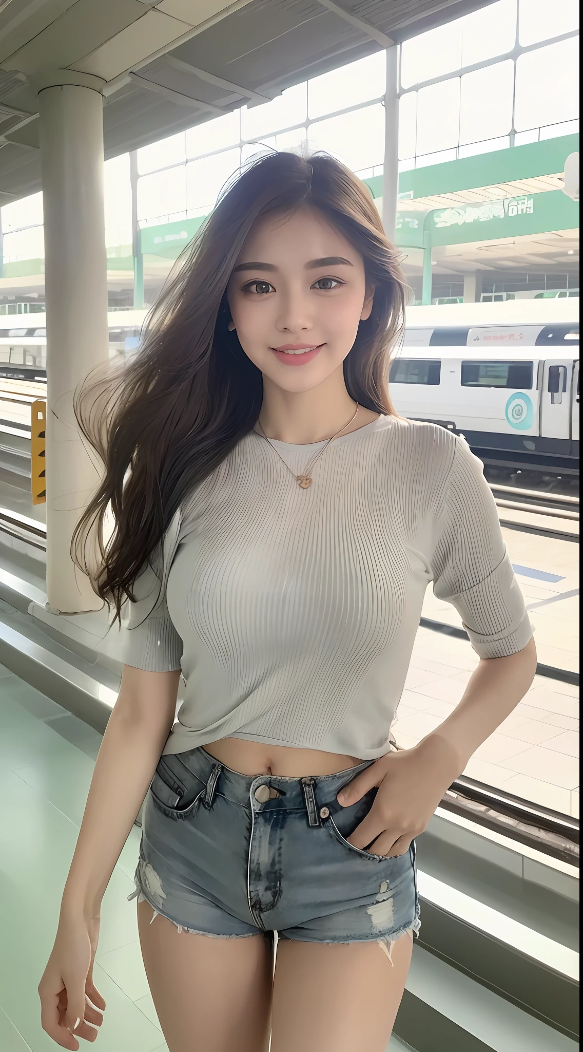 ((, Excellent, 8k, Masterpiece:1.3)), Full body, bust shot, long legs, focal length: 1.2, Perfect body beauty: 1.4, Slim abs: 1.1, (Light gray wavy long hair, Big breasts: 1.2 )), (Light green shirt, shorts: 1.36), ((High-speed rail station hall: 1.3)), Highly detailed face and skin texture, Delicate eyes, Double eyelids, ((Ultra white skin, oil skin, delicate and smooth: 1.3)), rosy and shiny lips, cute big eyes, Charming smile
