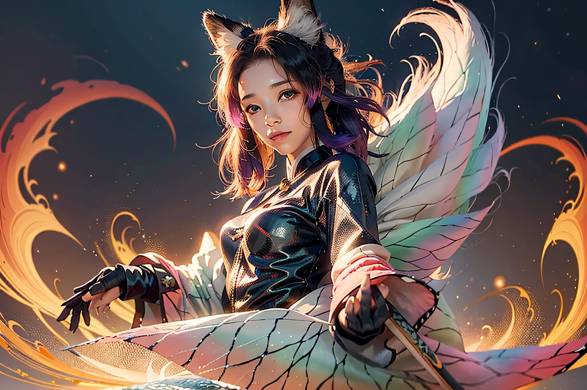 1girl,solo,
official art, unity 8k wallpaper, ultra detailed, beautiful and aesthetic, beautiful, masterpiece, best quality,
Kitsune witch, fox mask, haori jacket, foxfire spell, fox familiar, transformation,