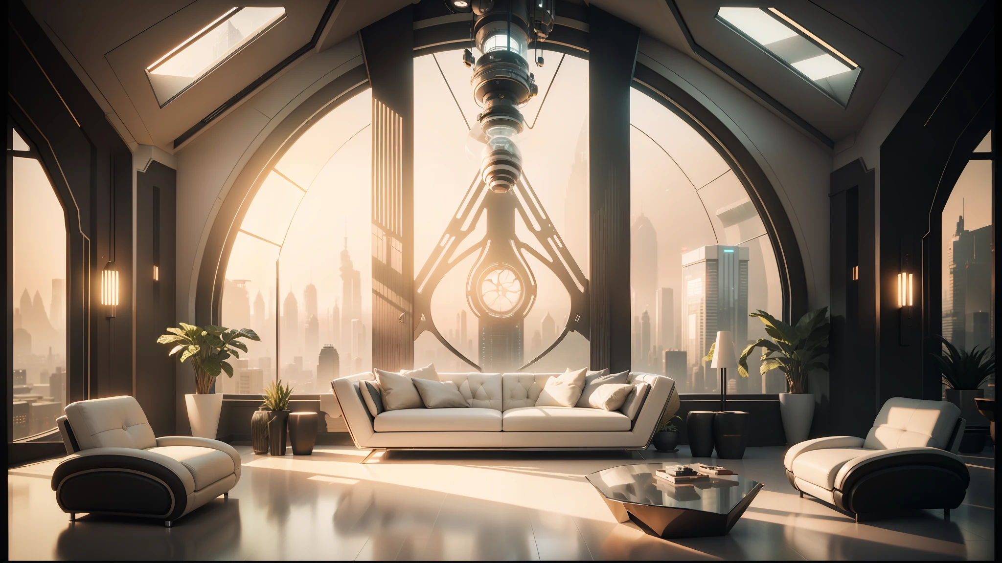 arafed living room with a large window and a white couch, futuristic interior, futuristic decor, futuristic room background, futuristic looking living room, retro futuristic apartment, futuristic. game cg, dystopian city apartment, jessica rossier color scheme, sci - fi interior, futuristic room, cgsociety unreal engine, futuristic furniture, unreal engine 5 render, cinematic unreal engine --auto --s2