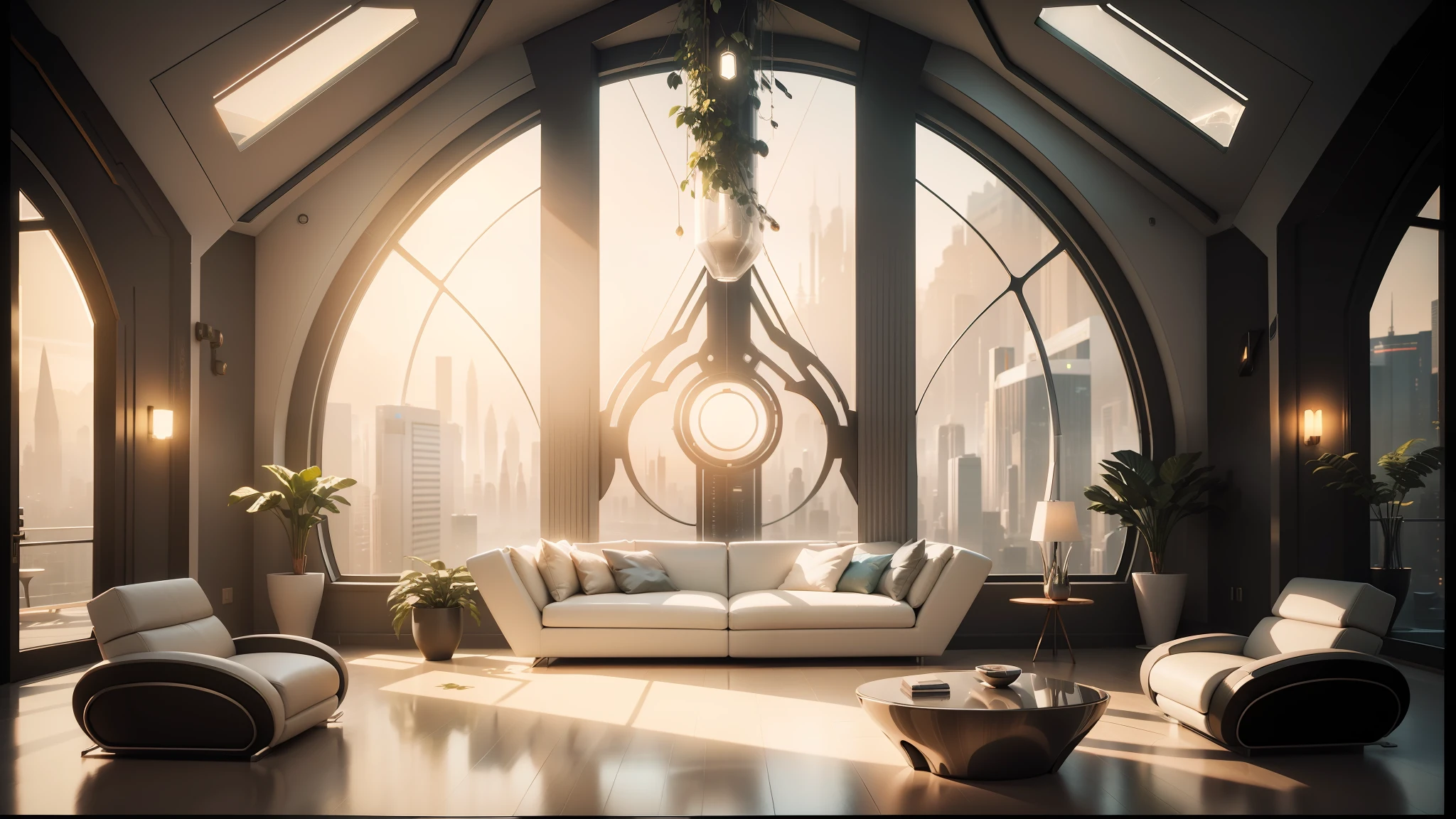 arafed living room with a large window and a white couch, futuristic interior, futuristic decor, futuristic room background, futuristic looking living room, retro futuristic apartment, futuristic. game cg, dystopian city apartment, jessica rossier color scheme, sci - fi interior, futuristic room, cgsociety unreal engine, futuristic furniture, unreal engine 5 render, cinematic unreal engine --auto --s2