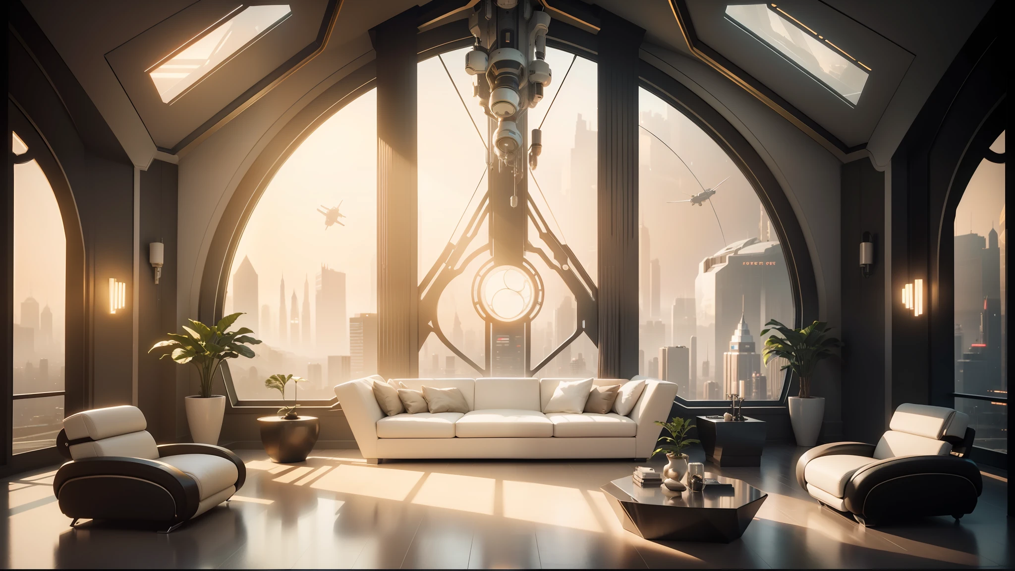 arafed living room with a large window and a white couch, futuristic interior, futuristic decor, futuristic room background, futuristic looking living room, retro futuristic apartment, futuristic. game cg, dystopian city apartment, jessica rossier color scheme, sci - fi interior, futuristic room, cgsociety unreal engine, futuristic furniture, unreal engine 5 render, cinematic unreal engine --auto --s2