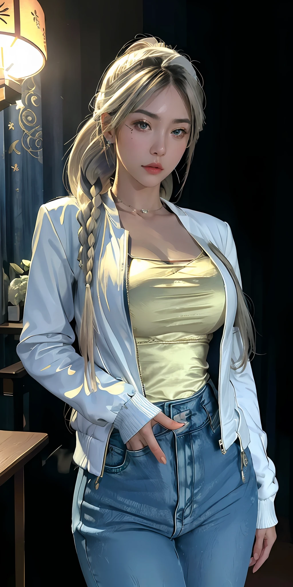 ((Highres)), ((masterpiece)), ((highly quality)), ((highly detailed)), ((realistic)), ((ultra realistic detail)), (((photorealistic))), ((potrait)), ((4k wallpaper)), ((1girl)), (solo), very beautiful age girl, ((sexy body)), ((big boobs)), ((white hair)), ((long hair)), ((pony tail hair style)), (glasses), (((jacket))), ((jeans)), ((Neck full of tattoos)), ((hands full of tattoos)), watch, bracelet, necklace, ring, earrings, ((Japanese Night background)), car, pedestrian, street lamp, street lamp light, ((eye detail)), exquisite nose detail, realistic face, realistic eyes, ((cold expression)), ((cool face)).