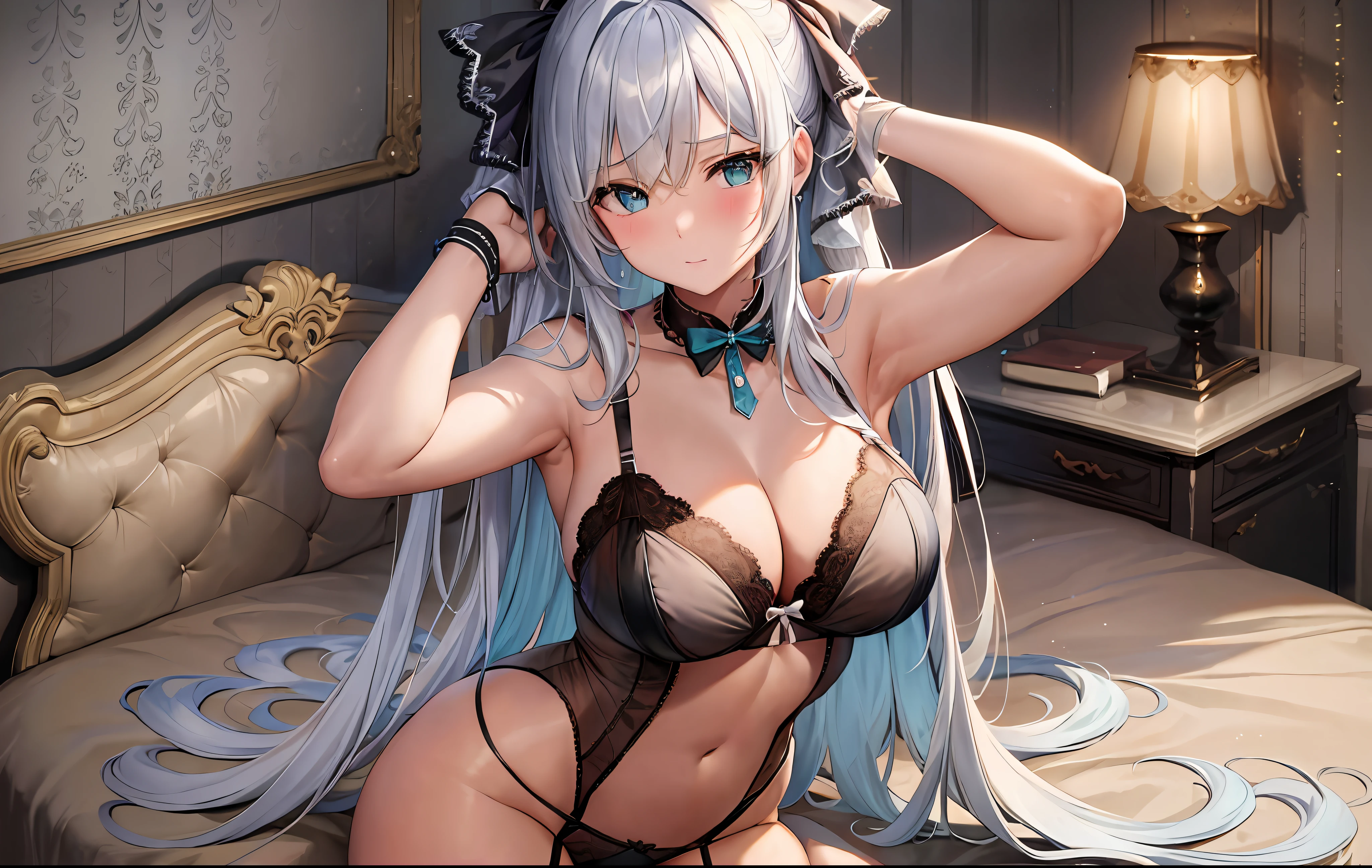 masterpiece, best quality, 1girl, looking at viewer, hair between eyes, aqua eyes, white hair, long hair, hair ribbon, lingerie, garter straps, garter belt, cleavage, bra, underwear, on back, on bed, cowboy shot, arms behind head, armpits, from above, embarrassed, blush,