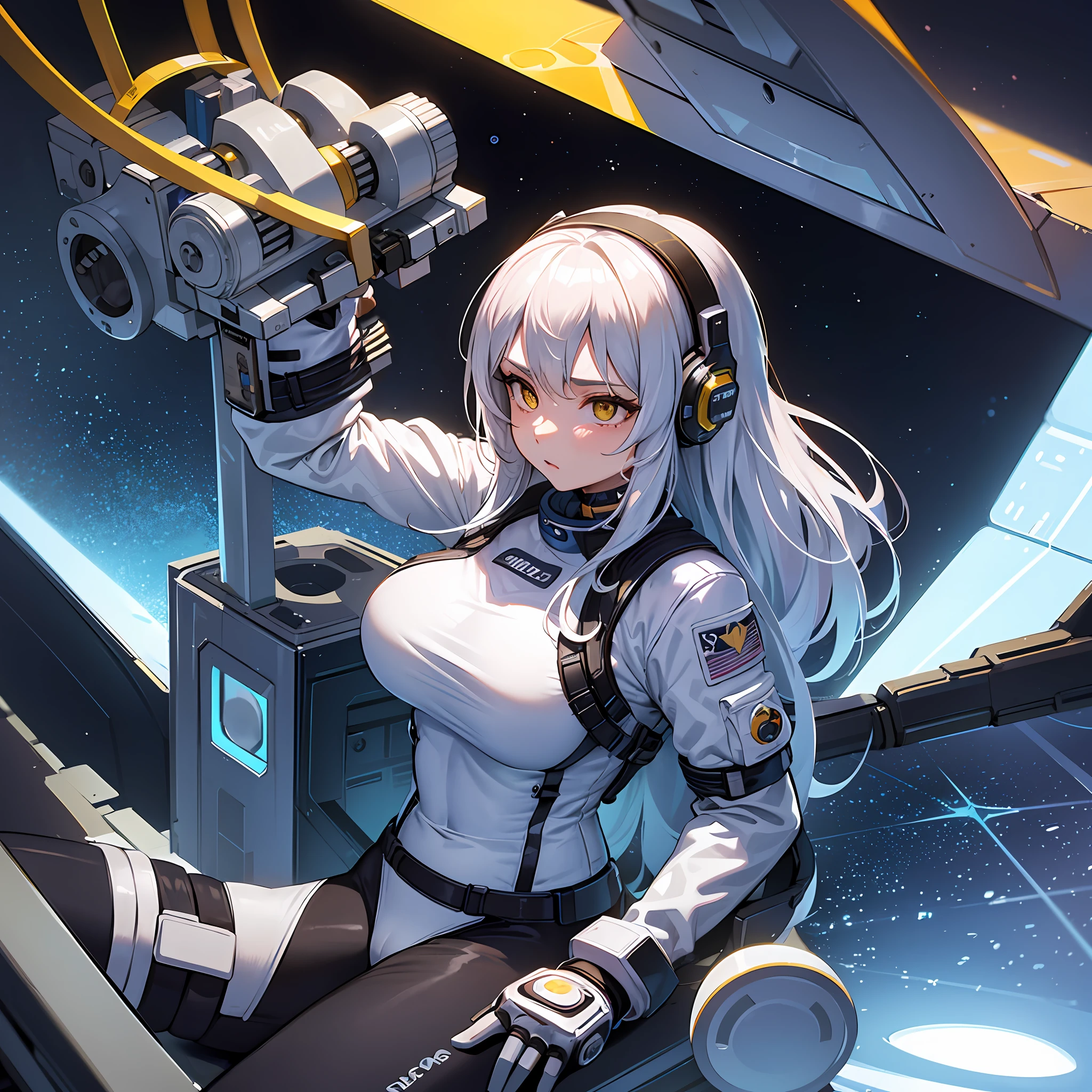 masterpiece, best quality, 1girl, (space), spacecraft, (spacesuit), upper body, sitting, science fiction, yellow eyes, long hair, silver hair, cameltoe, headset, huge breasts,