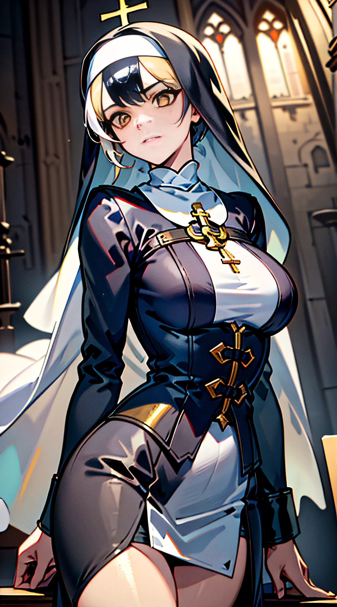 Presented in 8K resolution, this artwork is masterpiece-quality CG quality, with extremely detailed and realistic images, normal proportions, and the image of a nun. The nun tilts her head towards the audience, wears a large number of shackles and chains, wears erotic gold-rimmed corsets, erotic thigh straps, plump figure, flat chest, disgusted expression, and colorful hair. The work adopts an anime style, the skin texture of the characters is delicate, and the anatomy is correct. High image quality, reaching 16K resolution, with a dark style Catholic church in the background. Erotic character tattoos, gorgeous uniforms, nuns' clothes are gold-rimmed, the perspective is unique, and the picture is full of evil emotions. An evil light shone above, creating an even more terrifying atmosphere.