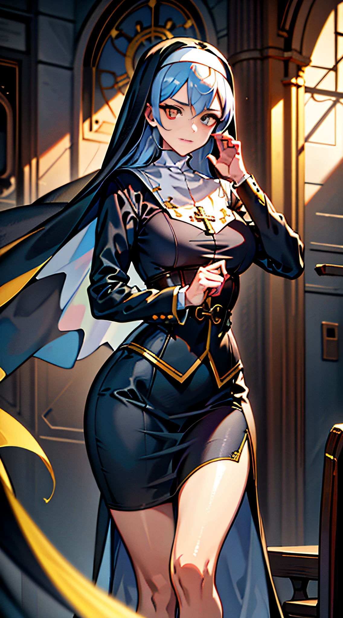 Presented in 8K resolution, this artwork is masterpiece-quality CG quality, with extremely detailed and realistic images, normal proportions, and the image of a nun. The nun tilts her head towards the audience, wears a large number of shackles and chains, wears a gold-rimmed nun corset, indecent thigh belts, plump figure, flat chest, disgusted expression, colorful hair. The work adopts an anime style, the skin texture of the characters is delicate, and the anatomy is correct. High image quality, reaching 16K resolution, with a dark style Catholic church in the background. Erotic character tattoos, gorgeous uniforms, nuns' clothes are gold-rimmed, the perspective is unique, and the picture is full of evil emotions. An evil light shone above, creating an even more terrifying atmosphere.