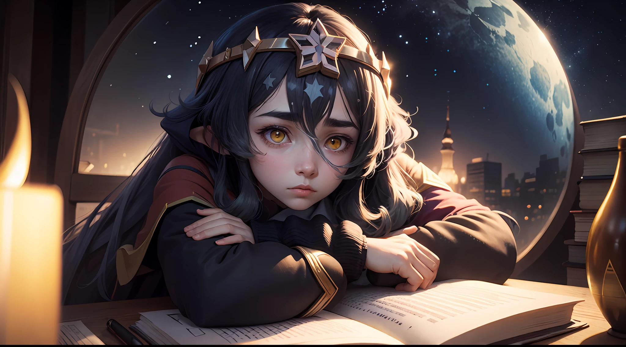 1 girl, solo, sad, tired, books, night, stars, yellow eyes