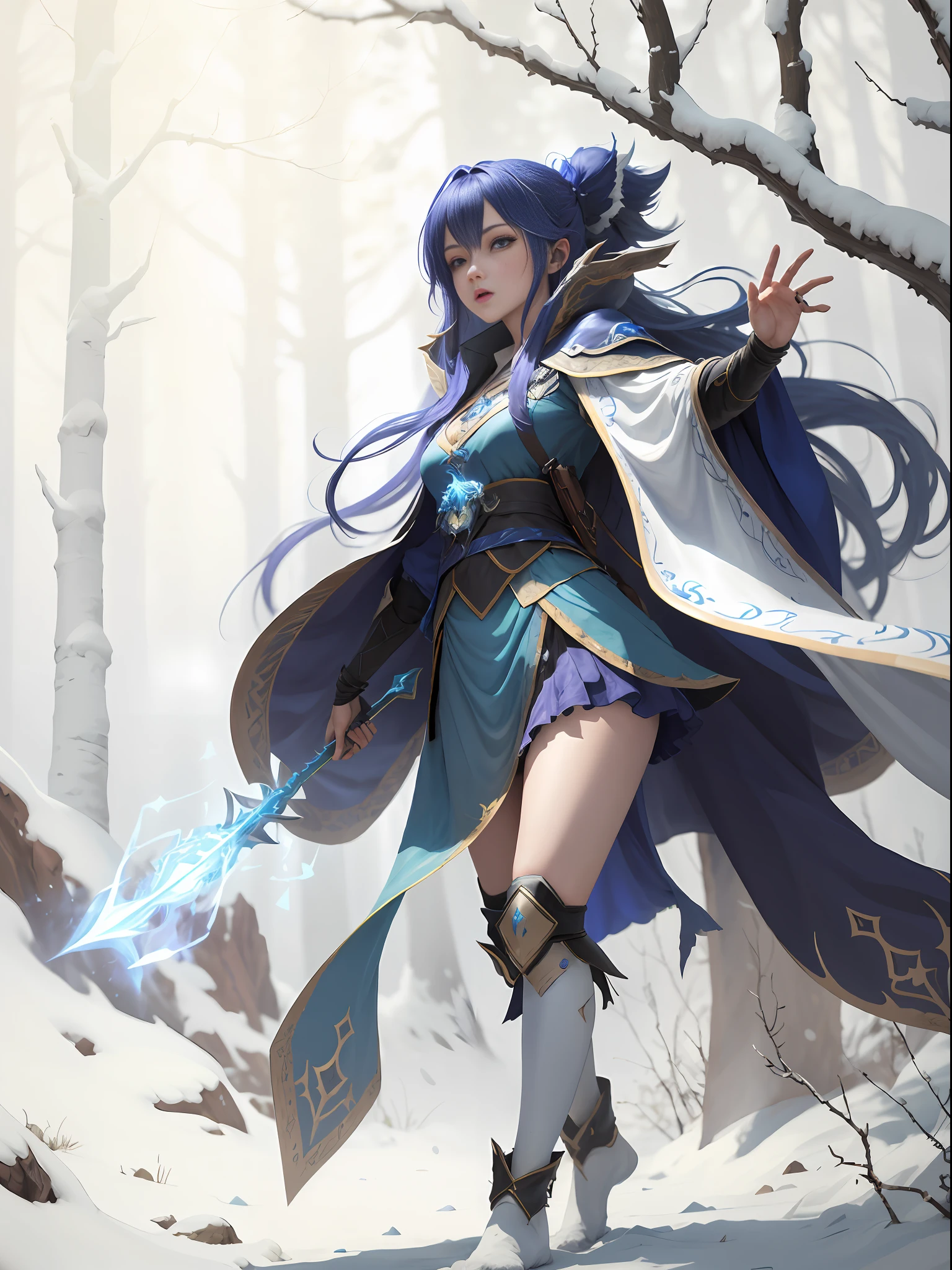 4k, realistic, carismatic,attacking, very detail, there is a girl on night forest, wearing mage robe costum, she is a mage, blue mage hero theme, blue long hair, 25 years old, full body,cute face