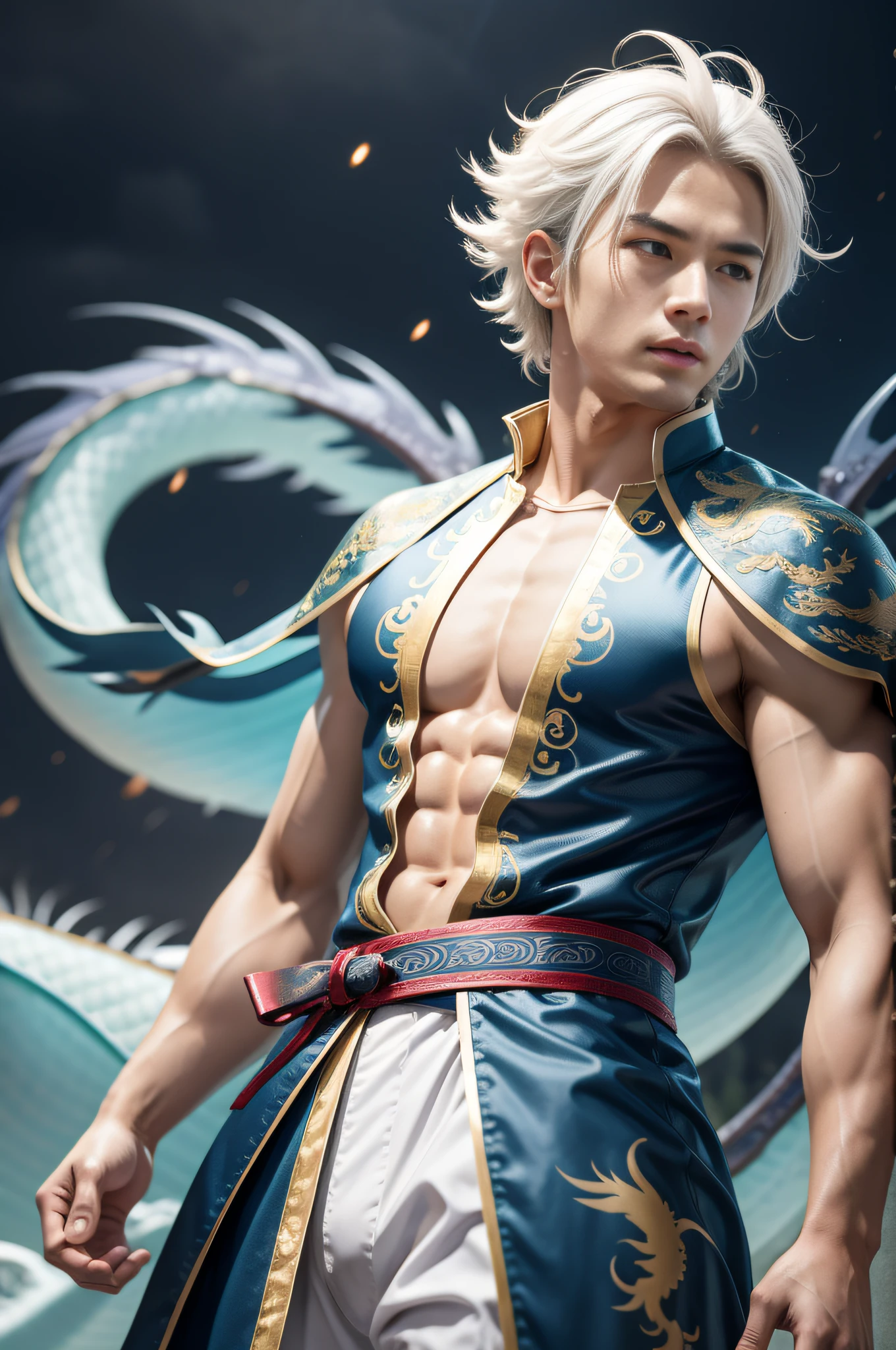 Handsome guy, 25 years old, Asian, master work, best picture quality, higher quality, high detail, super high resolution, (realistic: 1.4) 8k resolution, delicate facial features, boys, big muscles, tattoos, glowing eyes, short hair, white hair, hair details, (full body: 0.6), detailed background , [[Look away, look to the side, emphasize homosexuality and pay attention to every detail , open Hanfu transparent tulle jacket, white rubber pants, circling dragon, Chinese courtyard background (crotch bulge), thunder, ((((Blue Thunder)))) Blue Thunderbolt, Fa Gong, Wind and Thunder Technique, Chinese Kung Fu, Fingerless Gloves, Wristbands, Dragon Themed Costumes, Monk Robe, Rotating Floating Particles, Dynamic Composition, Heavy Rain Background, Very Many Thunder and Lightning Flashes