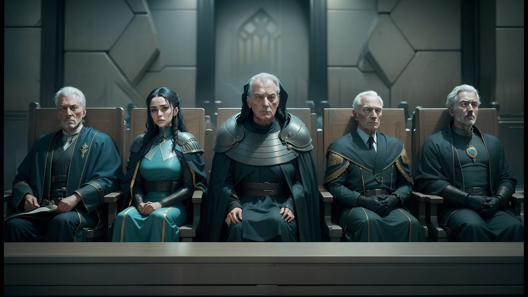 arafed image of a group of people sitting in a court, scene from dune 2 0 2 1 movie, portrait of emperor palpatine, witness stand, love death and robots, courtroom scene, still from movie dune, seated in court, the best on cgsociety, dan mumford tom bagshaw, film still from movie dune-2021 --auto --s2