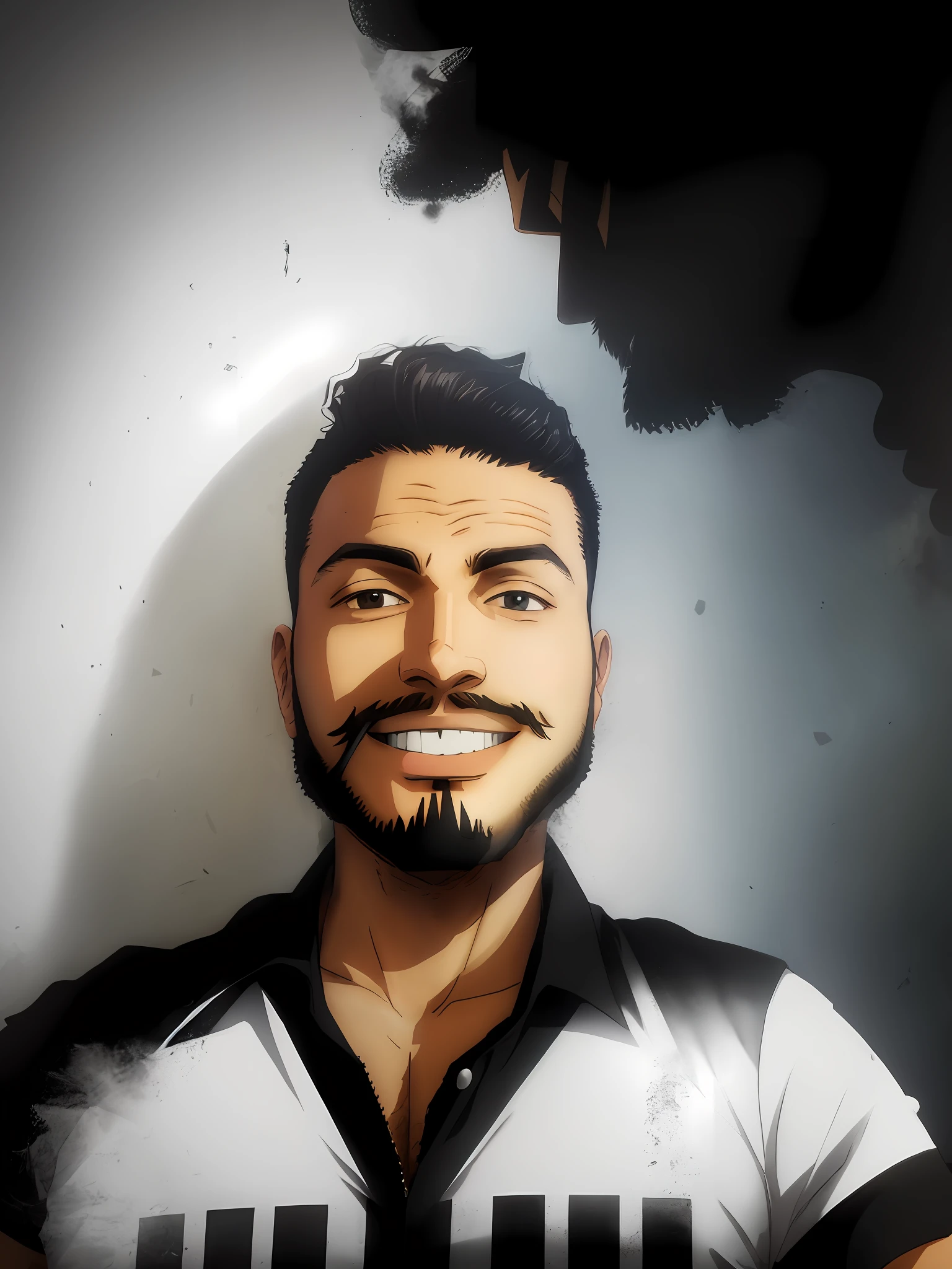 Man with beard and black shirt smiling, headshot profile picture, with small beard, high quality portrait, GTA style, anime