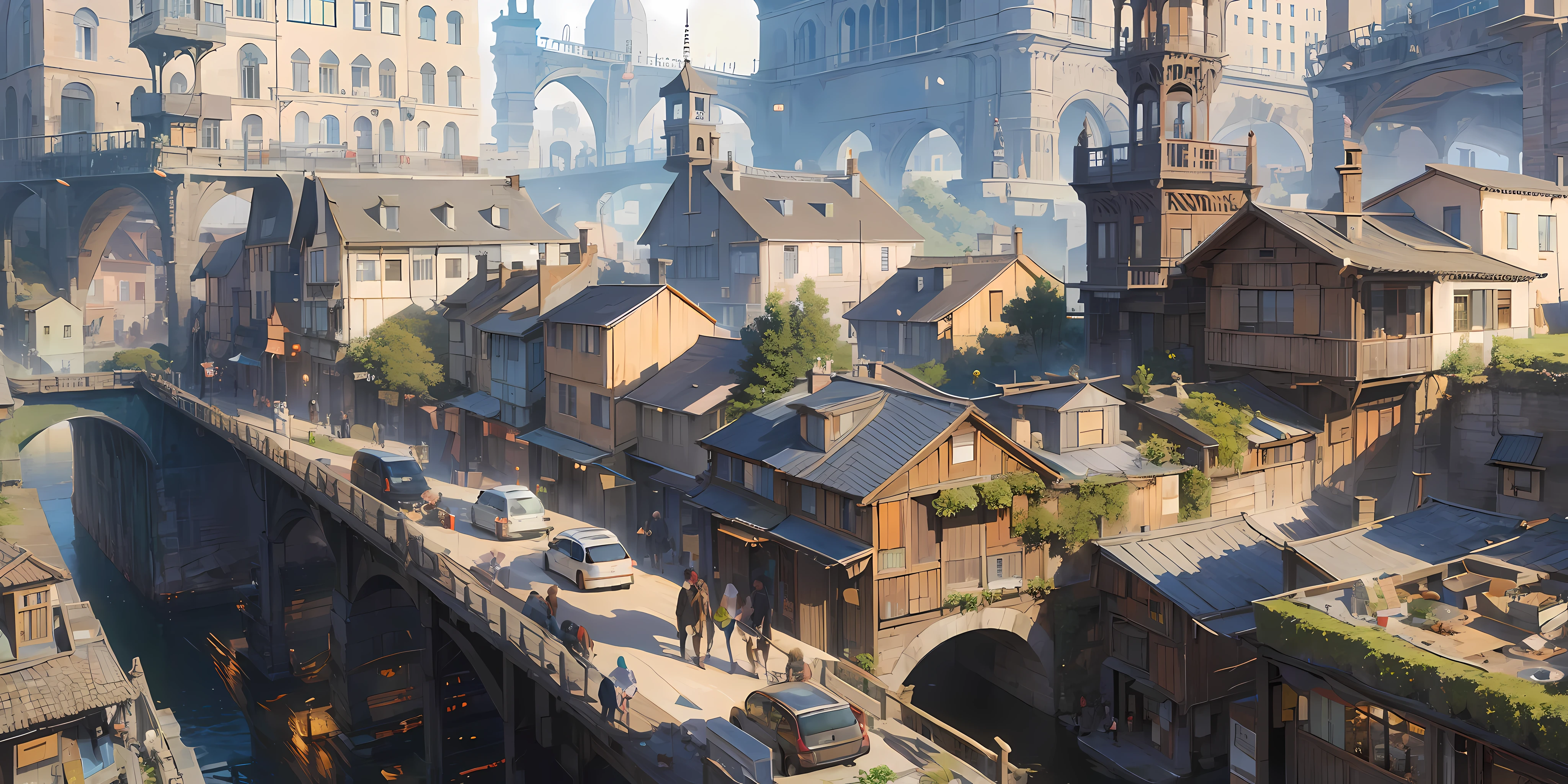 ((masterpiece)),((best quality)),((high detial)),((realistic,))
Industrial age city, deep canyons in the middle, architectural streets, bazaars, Bridges, rainy days, steampunk, European architecture