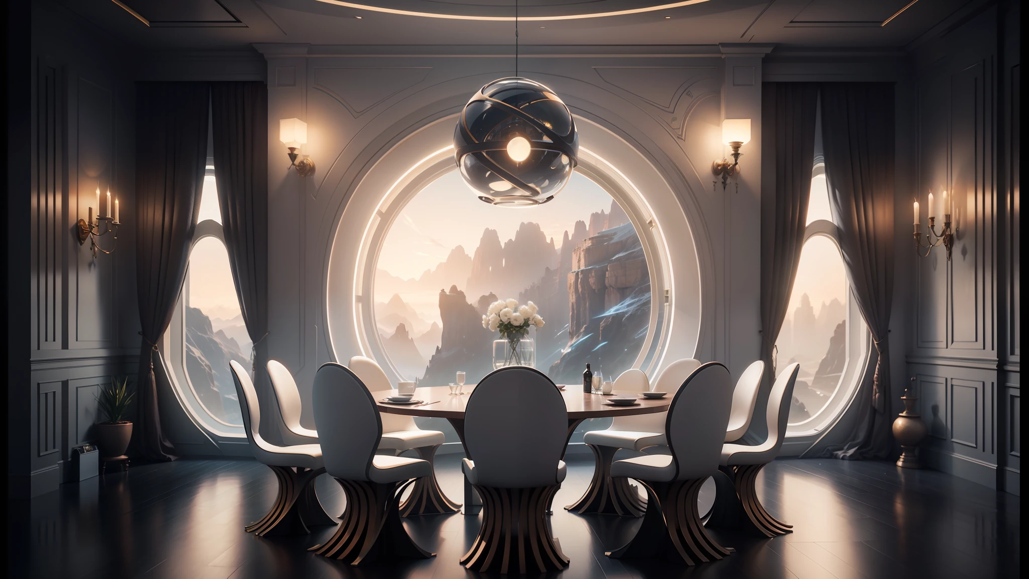 there is a dining room with a round table and chairs, cgsociety 9, futuristic. game cg, futuristic decor, futuristic room background, futuristic interior, from a 2 0 1 9 sci fi 8 k movie, cgsociety unreal engine, sci - fi interior, unreal engine cinema4d, futuristic decoration, corona renderer, jessica rossier color scheme --auto --s2