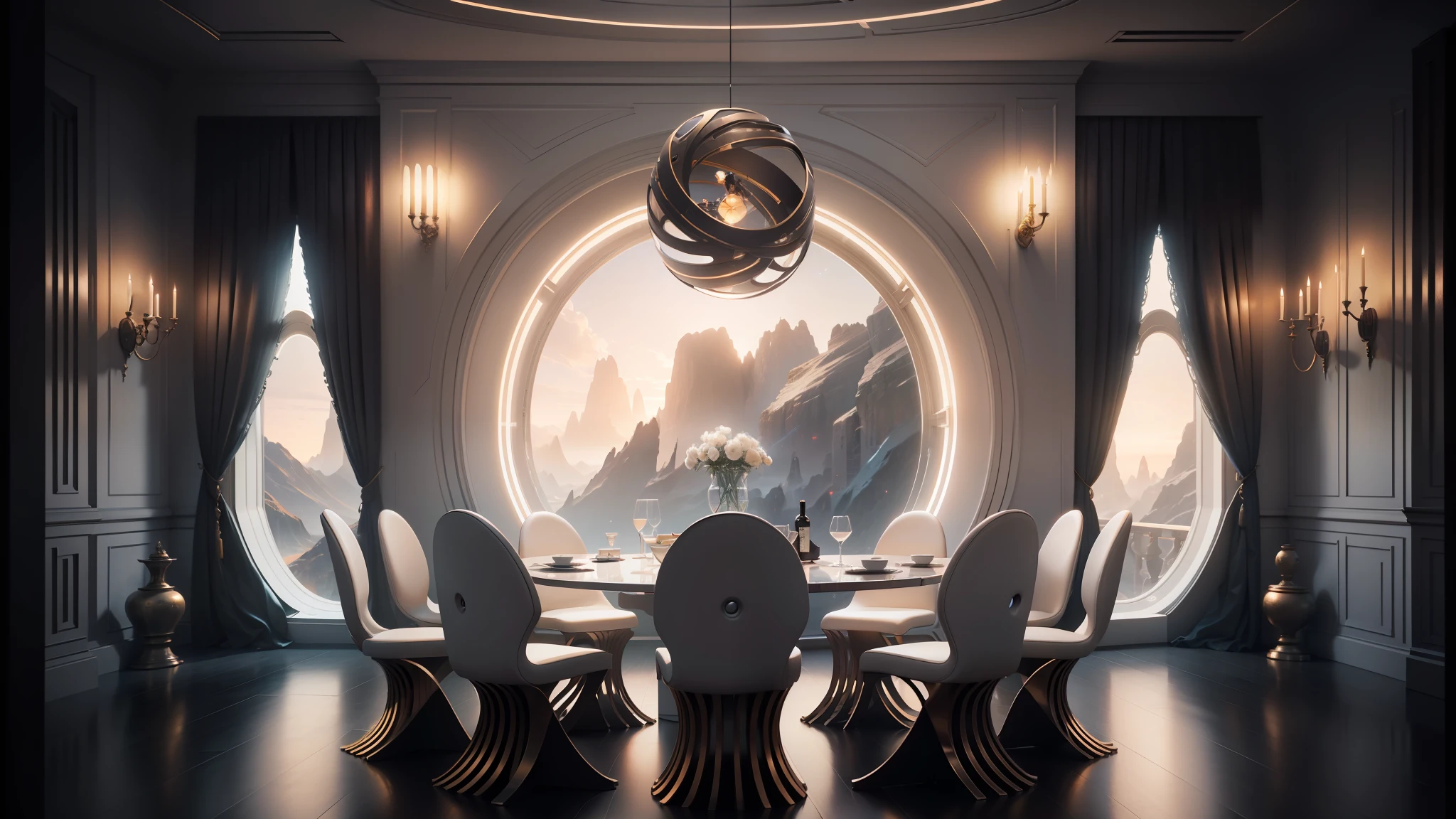 there is a dining room with a round table and chairs, cgsociety 9, futuristic. game cg, futuristic decor, futuristic room background, futuristic interior, from a 2 0 1 9 sci fi 8 k movie, cgsociety unreal engine, sci - fi interior, unreal engine cinema4d, futuristic decoration, corona renderer, jessica rossier color scheme --auto --s2