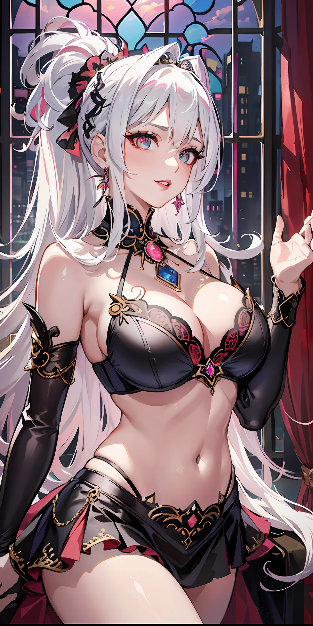 masterpiece,CG,wallpaper,high quality,extremely detailed,(city outside the window:1.5)(from side:0.9)1girl,highres,(midriff:1.4)(navel :0.9), highest quallity, illustration, cinematic light, ultra detailed, detailed face, (detailed eyes), best quality, hyper detailed, masterpiece, (detailed face), highest details, luminous eyes, medium breats, black halo, white clothes, backlighting,  light rays, (high contrast), (colorful),(red eyeshadow:1.2), (pink lips:1.1),funeral dress,(ornate hair ornament),large breasts, seductive smile,white hair,streaked hair,colored inner hair,(ornate bra),(ear piercing:1.05), tiara,(areola slip:1.2),ponytail,(veil:0.9),