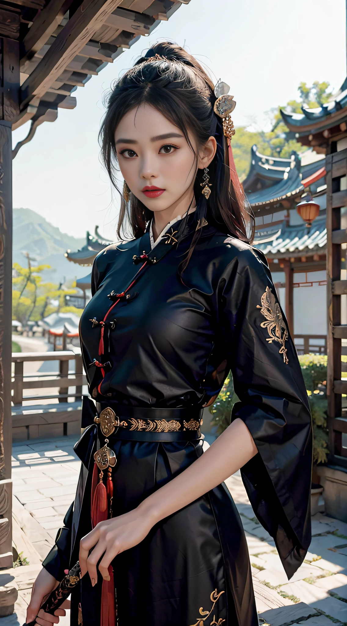1 girl, holding sword, Hanfu, black embroidery pattern, tulle skirt, fringed hair ornament, jade pendant, ancient Chinese architectural background, best quality, high detail, masterpiece, hyperdetail, illustration, ink, movie lighting
