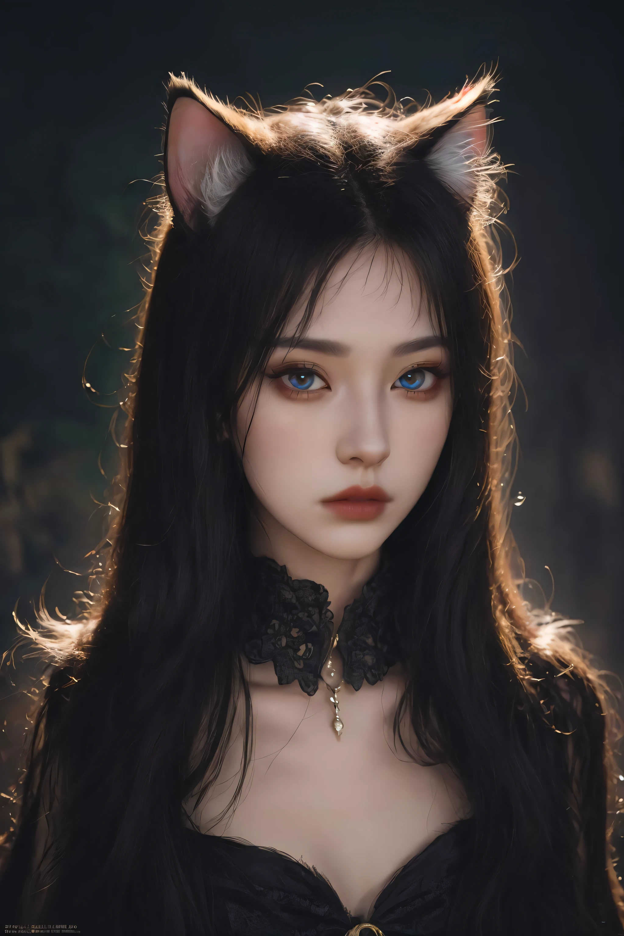 (absurdres, highres, ultra detailed), 1girl, solo, extremely detailed eyes, (official art, beautiful and aesthetic:1.2), (dark art,erosion,fractal art :1.3), colorful, horror,highest detailed, (fluffy cat ears)
